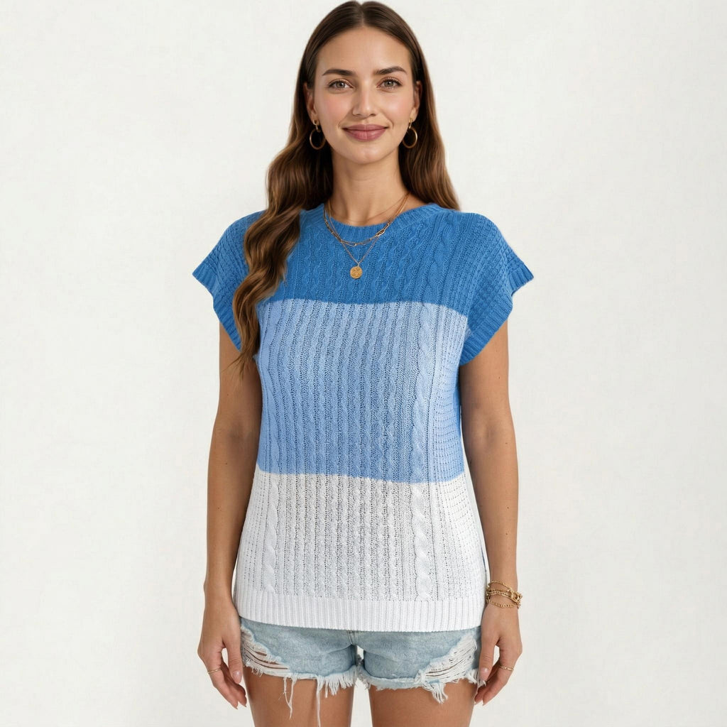 Anna-Kaci Women's Short Sleeve Knit Top with Color Block Design Crew Neck Textured Cable Lightweight Fabric