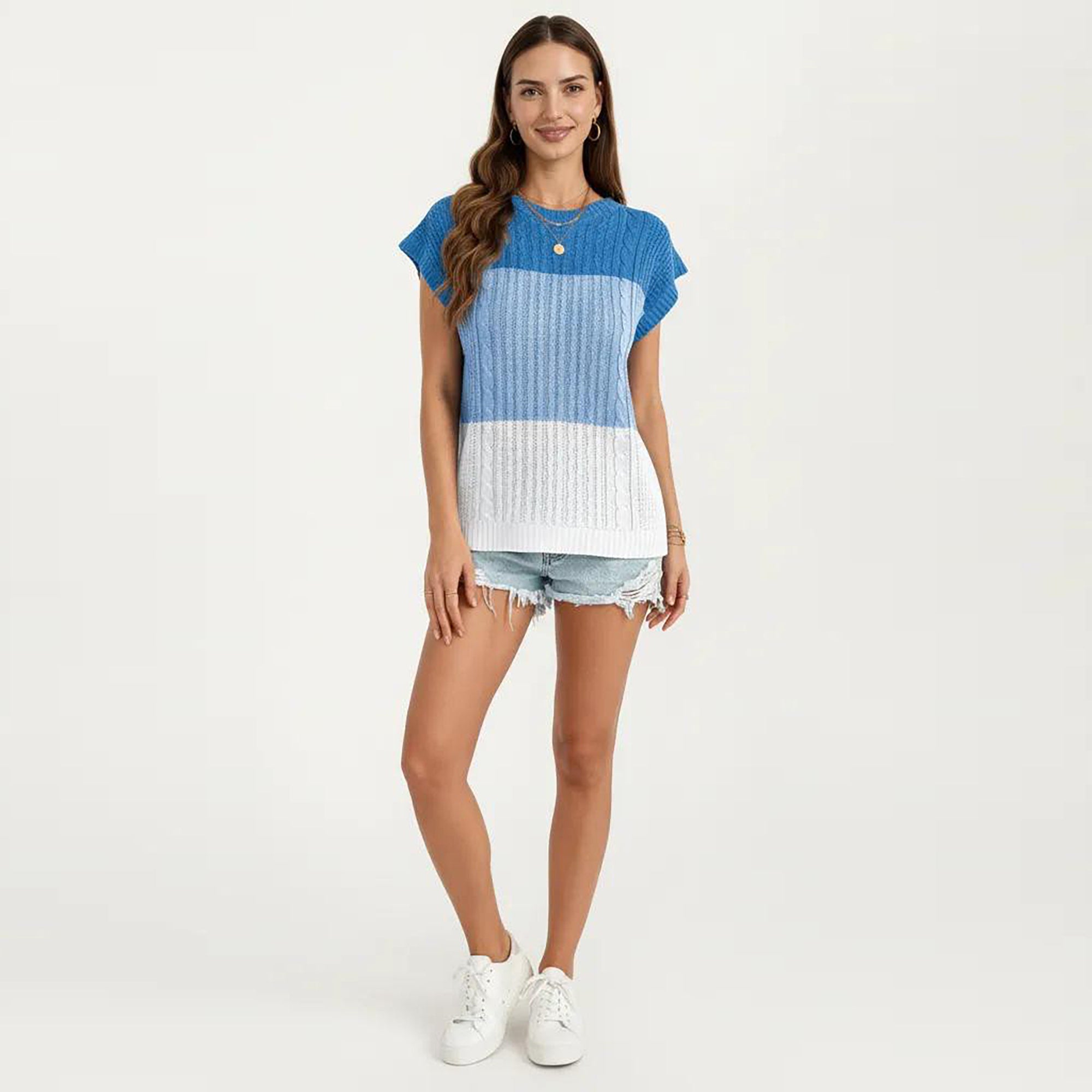 Anna-Kaci Women's Short Sleeve Knit Top with Color Block Design Crew Neck Textured Cable Lightweight Fabric