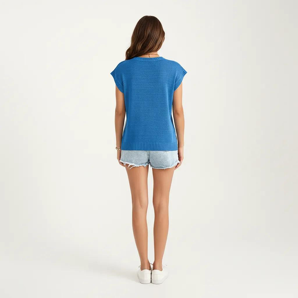 Anna-Kaci Women's Short Sleeve Knit Top with Color Block Design Crew Neck Textured Cable Lightweight Fabric