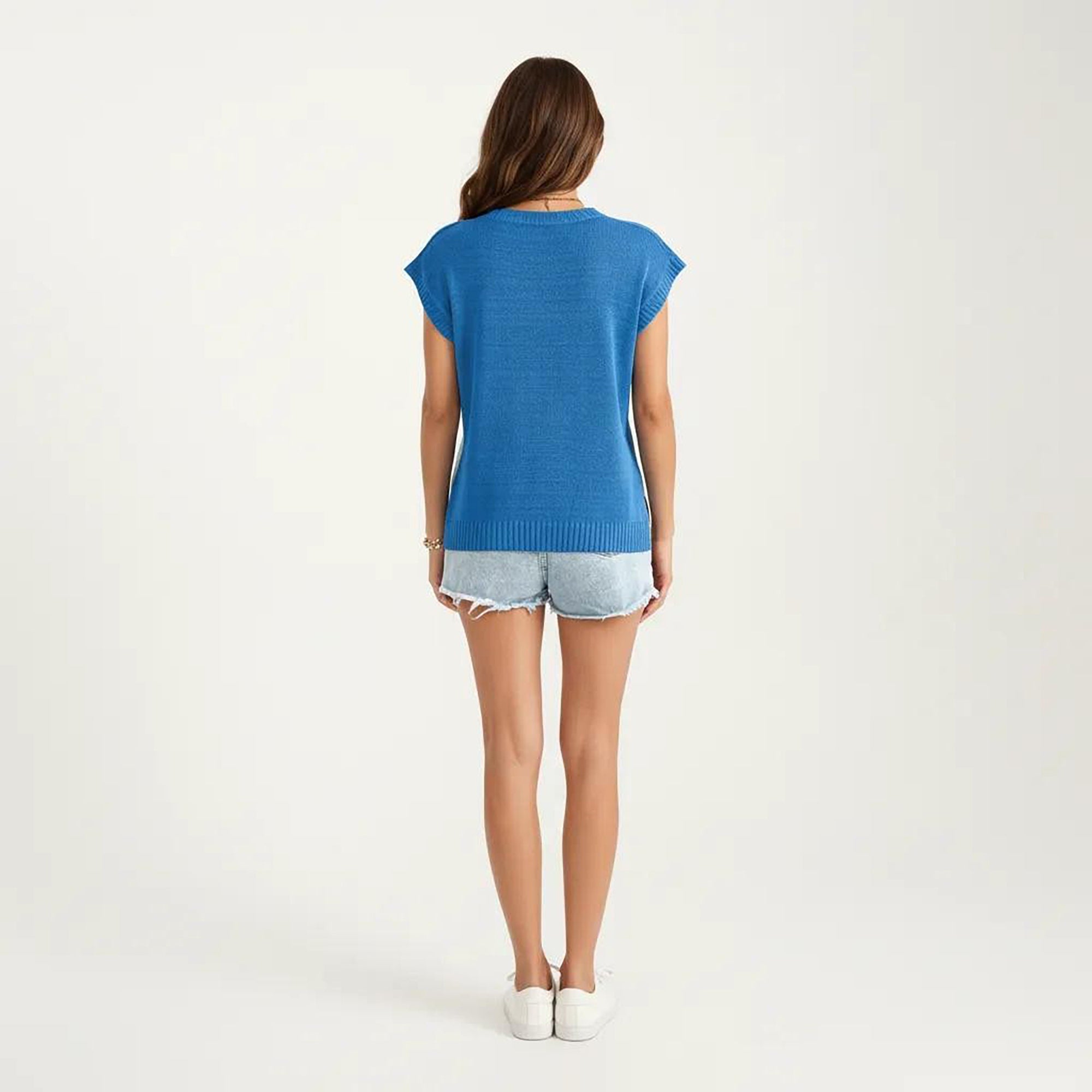 Anna-Kaci Women's Short Sleeve Knit Top with Color Block Design Crew Neck Textured Cable Lightweight Fabric