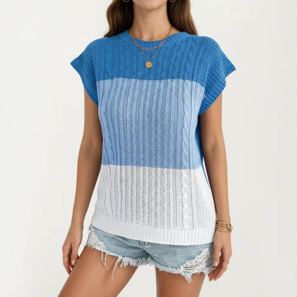 Anna-Kaci Women's Short Sleeve Knit Top with Color Block Design Crew Neck Textured Cable Lightweight Fabric