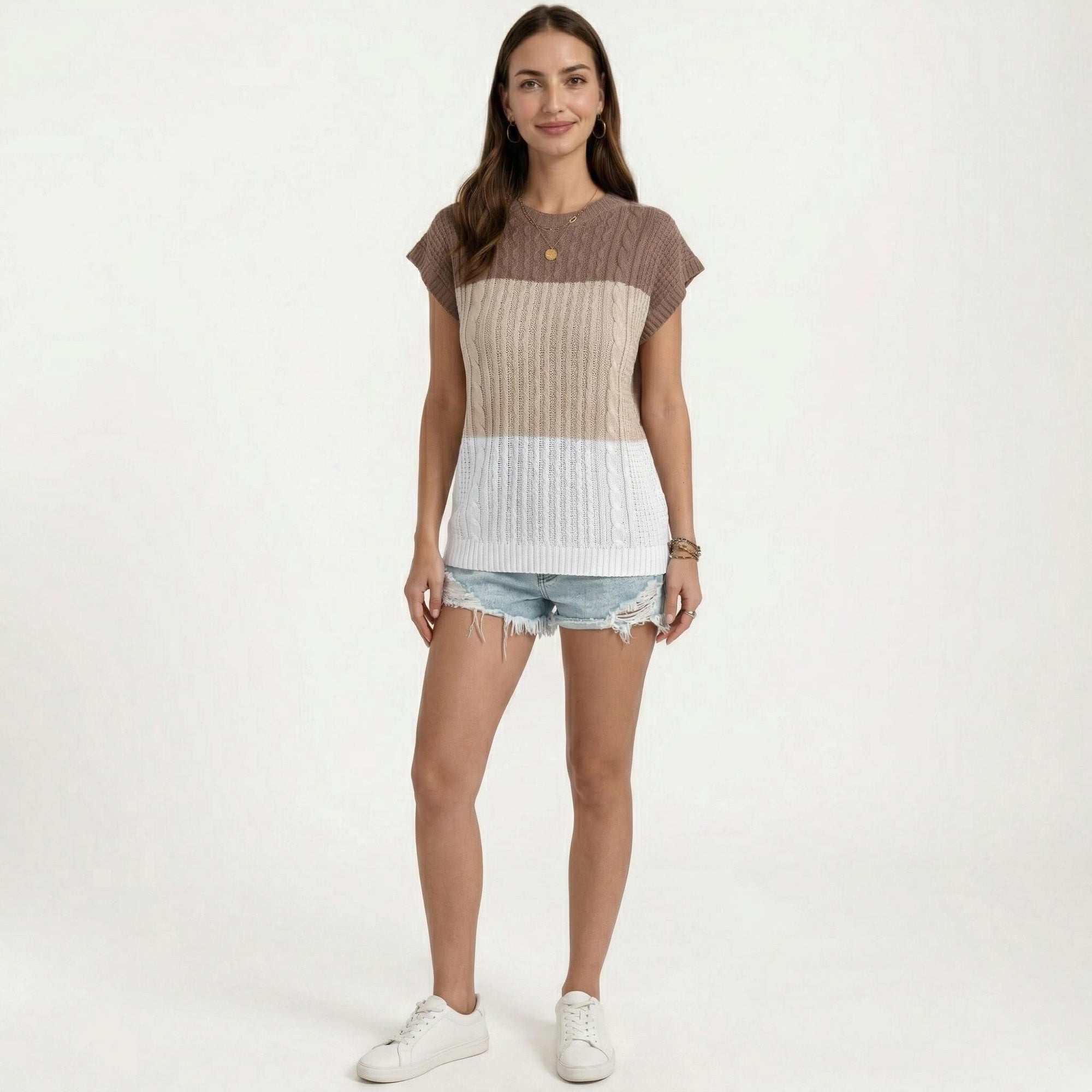 Anna-Kaci Women's Short Sleeve Knit Top with Color Block Design Crew Neck Textured Cable Lightweight Fabric
