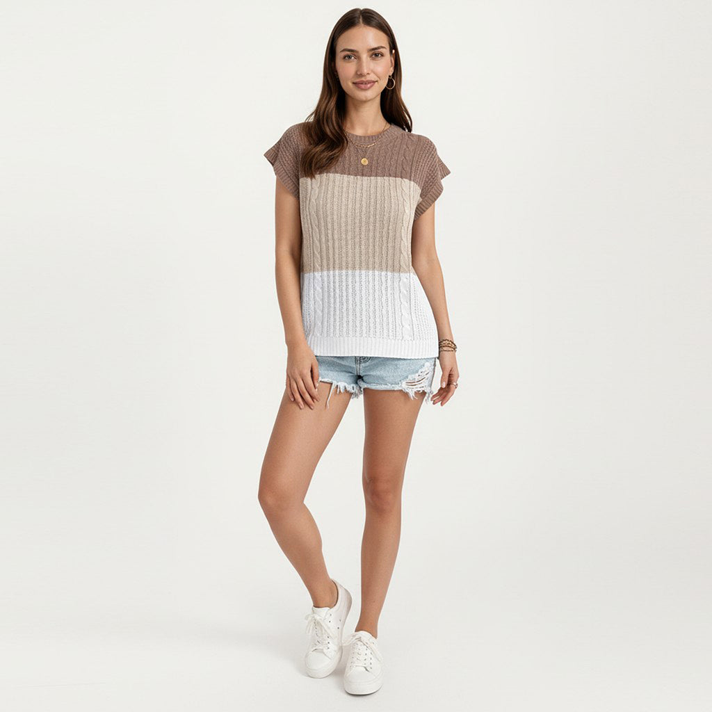 Anna-Kaci Women's Short Sleeve Knit Top with Color Block Design Crew Neck Textured Cable Lightweight Fabric