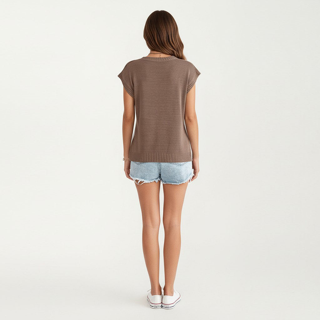 Anna-Kaci Women's Short Sleeve Knit Top with Color Block Design Crew Neck Textured Cable Lightweight Fabric