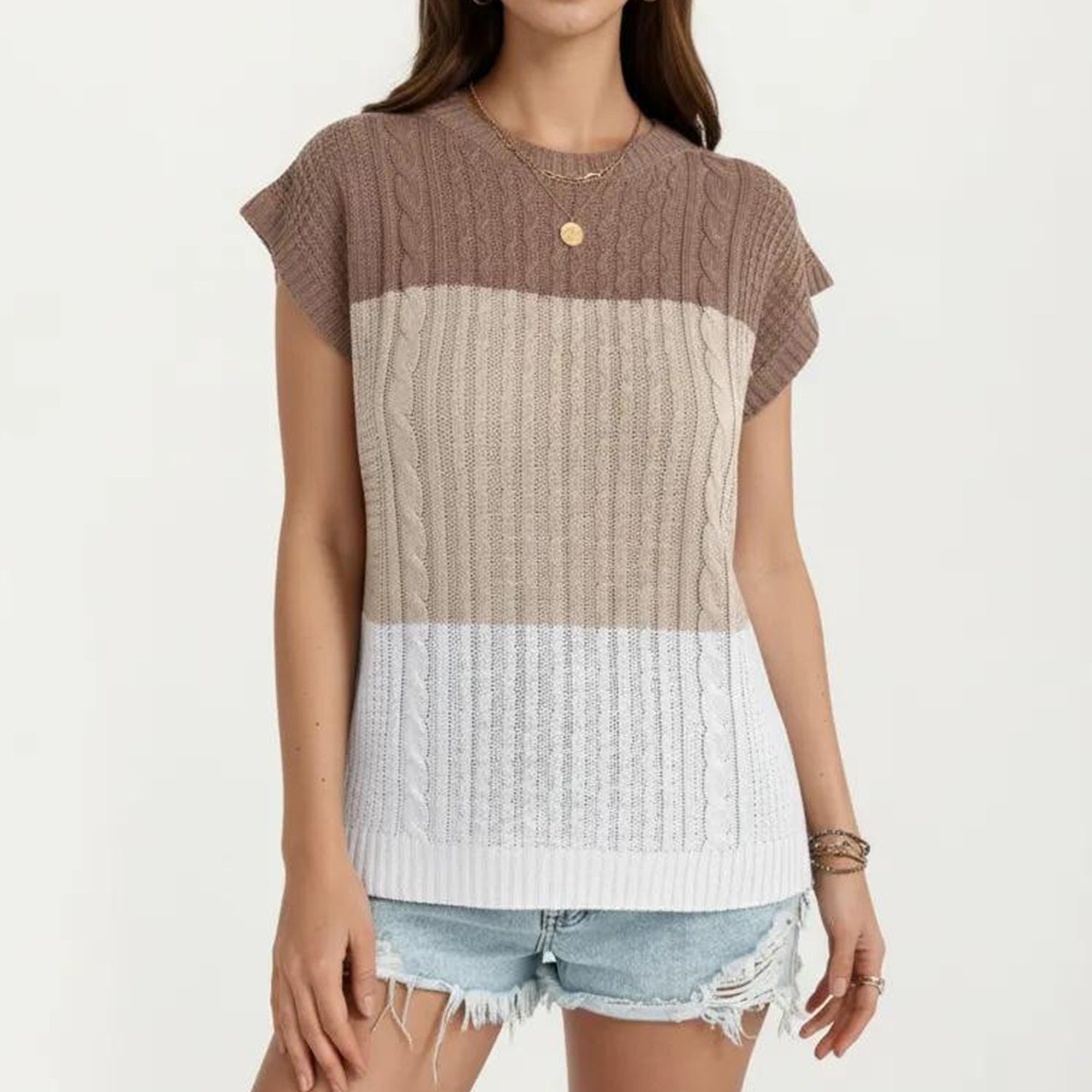 Anna-Kaci Women's Short Sleeve Knit Top with Color Block Design Crew Neck Textured Cable Lightweight Fabric