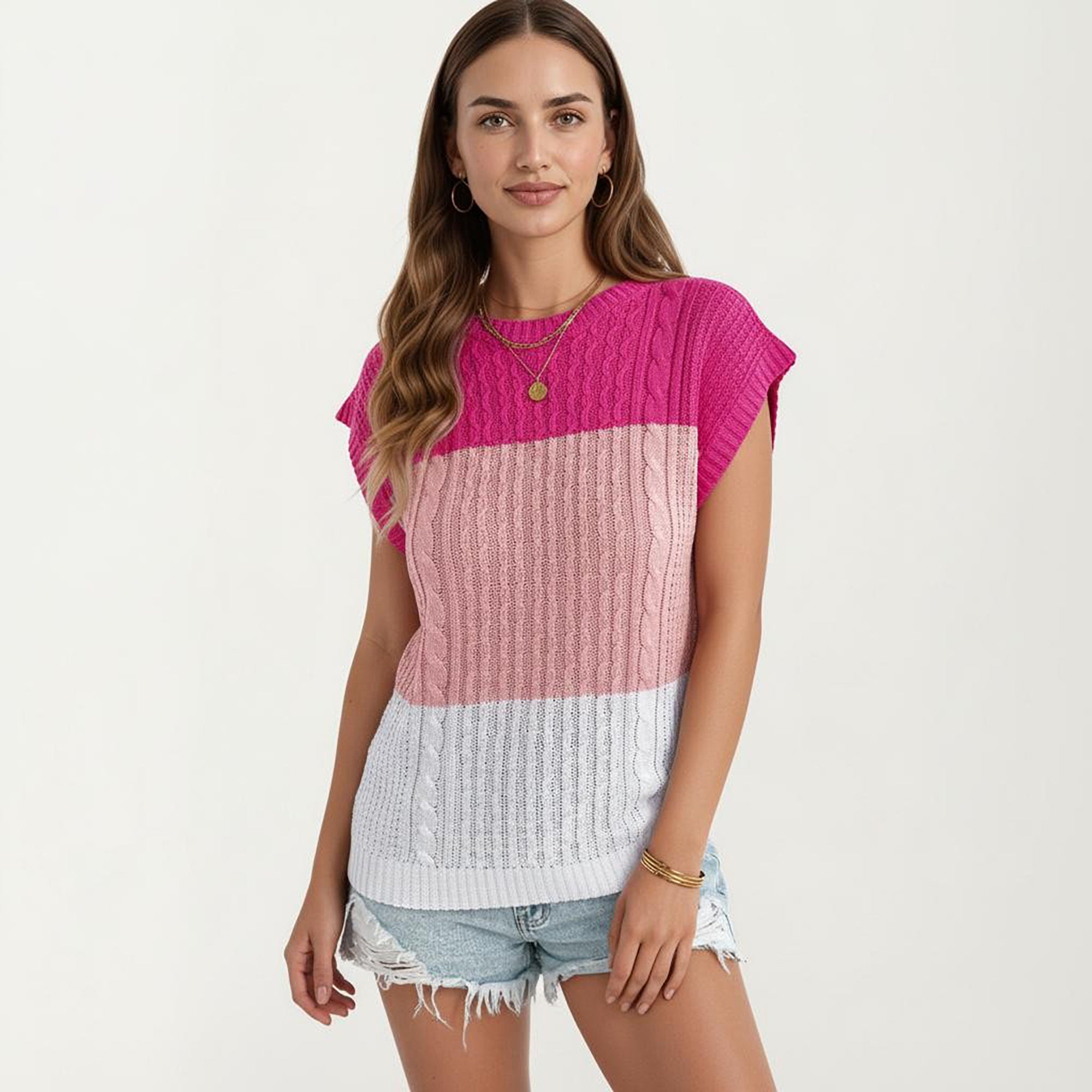Anna-Kaci Women's Short Sleeve Knit Top with Color Block Design Crew Neck Textured Cable Lightweight Fabric