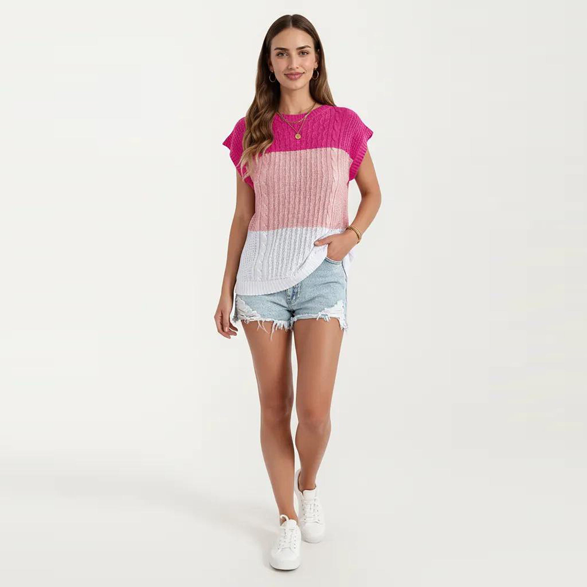 Anna-Kaci Women's Short Sleeve Knit Top with Color Block Design Crew Neck Textured Cable Lightweight Fabric