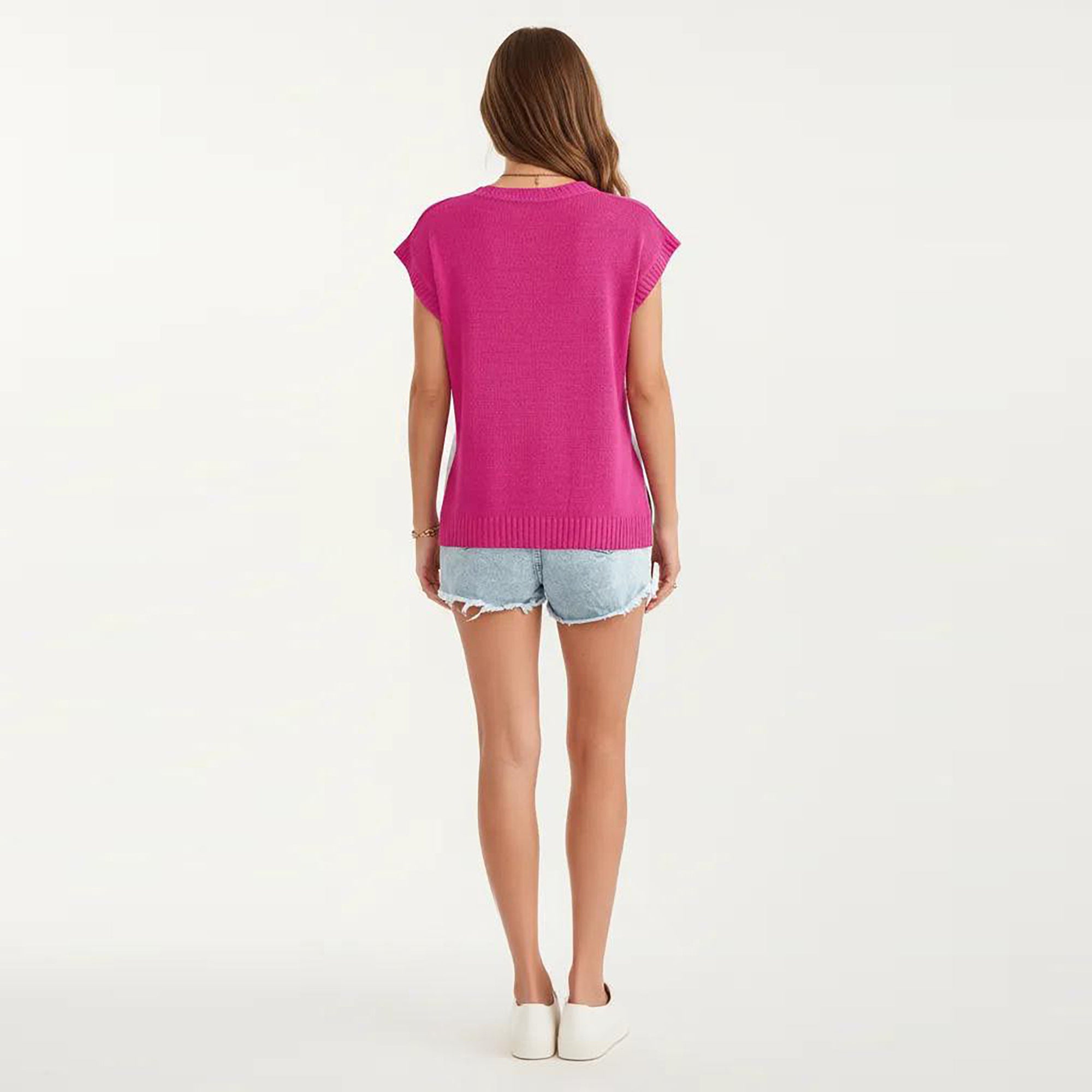 Anna-Kaci Women's Short Sleeve Knit Top with Color Block Design Crew Neck Textured Cable Lightweight Fabric