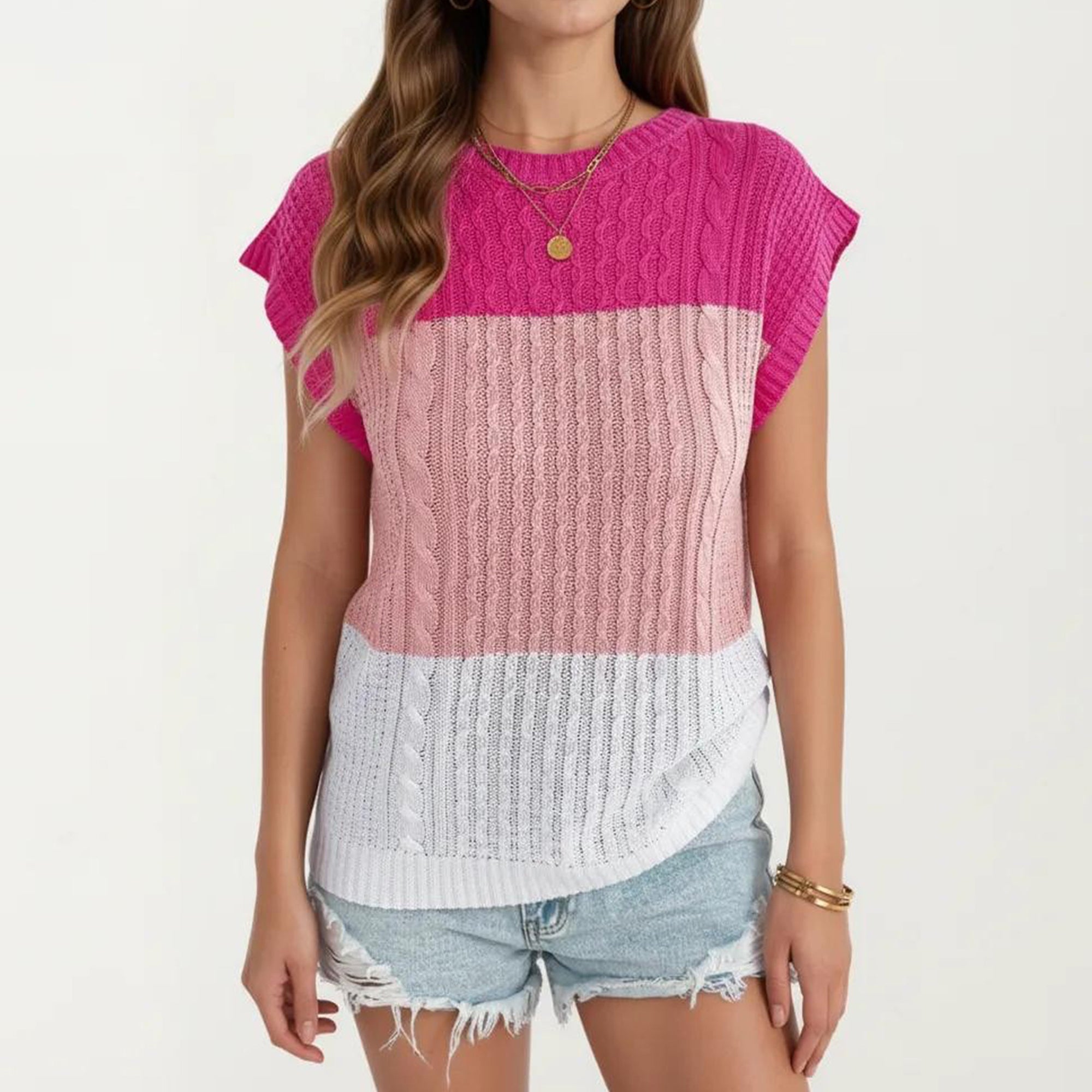 Anna-Kaci Women's Short Sleeve Knit Top with Color Block Design Crew Neck Textured Cable Lightweight Fabric