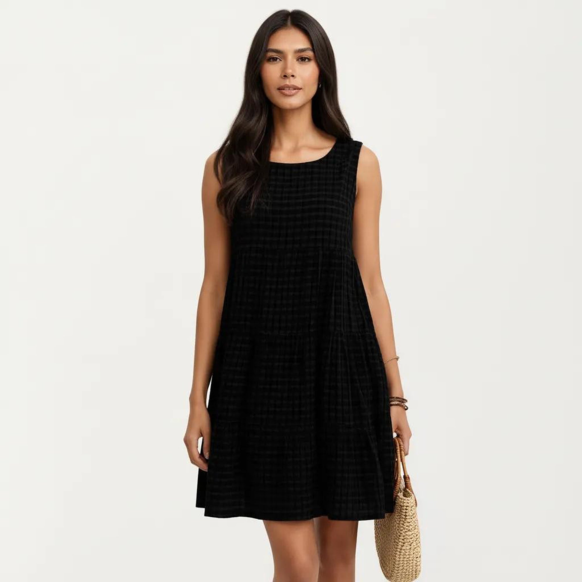 Anna-Kaci Women's Sleeveless Tiered Mini Dress with Textured Check Pattern Round Neck A-Line Silhouette
