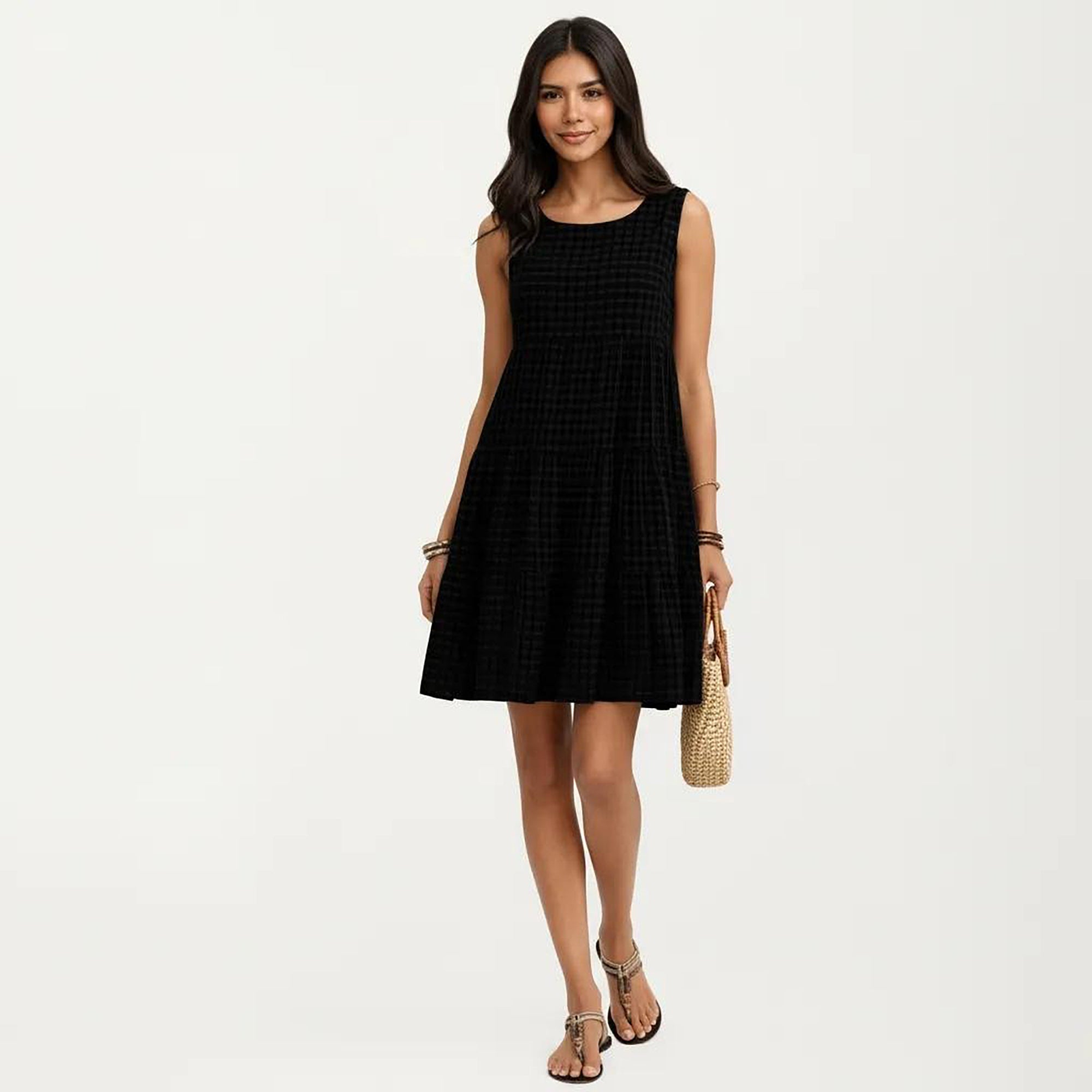 Anna-Kaci Women's Sleeveless Tiered Mini Dress with Textured Check Pattern Round Neck A-Line Silhouette