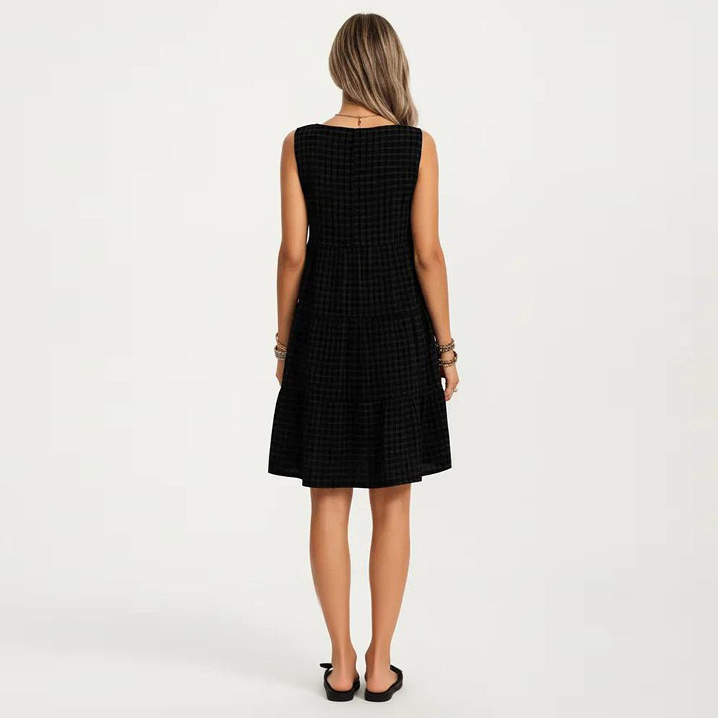 Anna-Kaci Women's Sleeveless Tiered Mini Dress with Textured Check Pattern Round Neck A-Line Silhouette