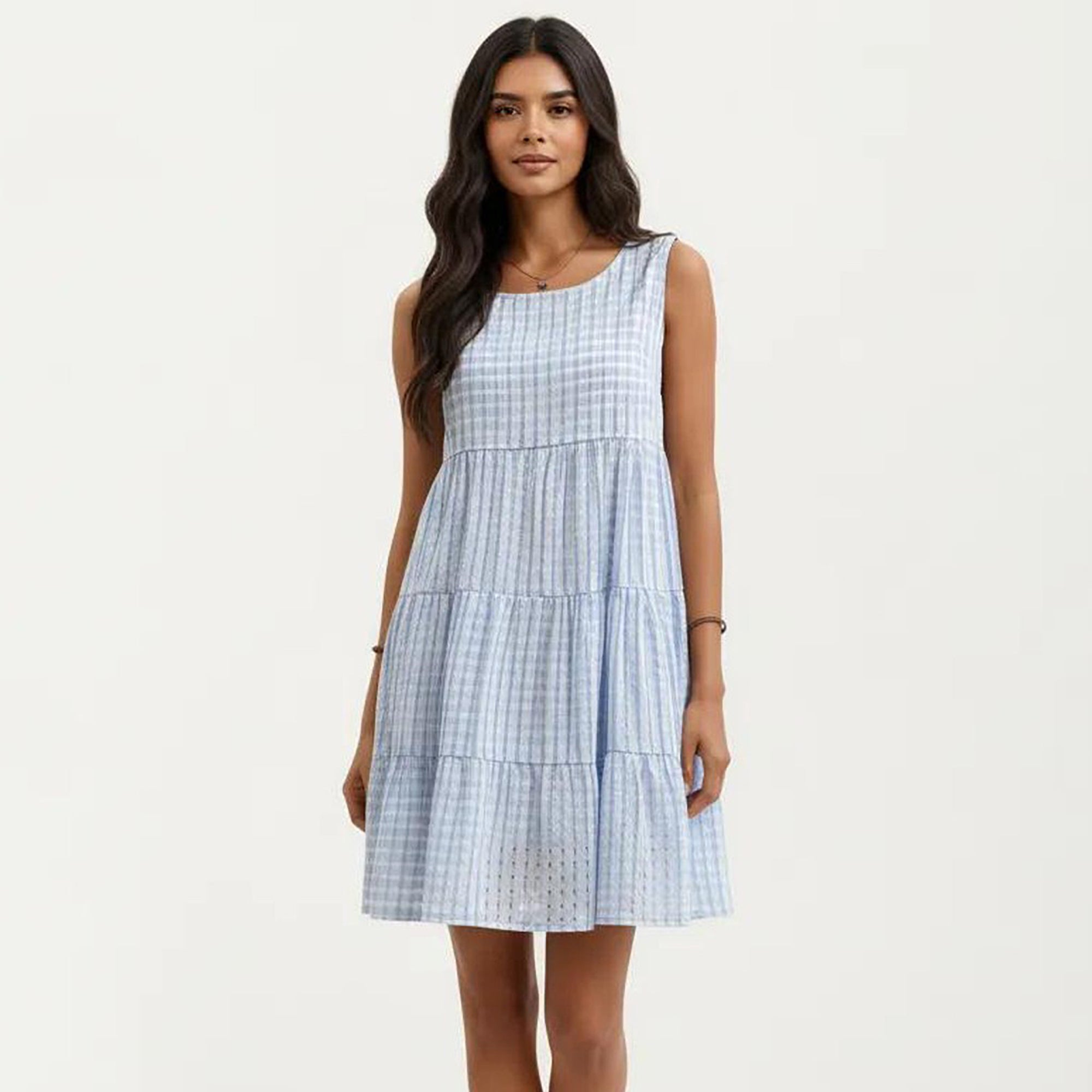 Anna-Kaci Women's Sleeveless Tiered Mini Dress with Textured Check Pattern Round Neck A-Line Silhouette
