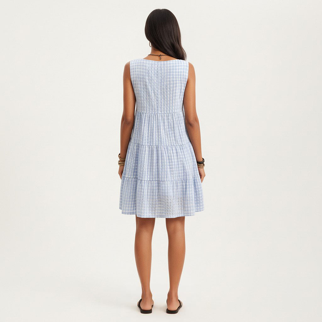 Anna-Kaci Women's Sleeveless Tiered Mini Dress with Textured Check Pattern Round Neck A-Line Silhouette