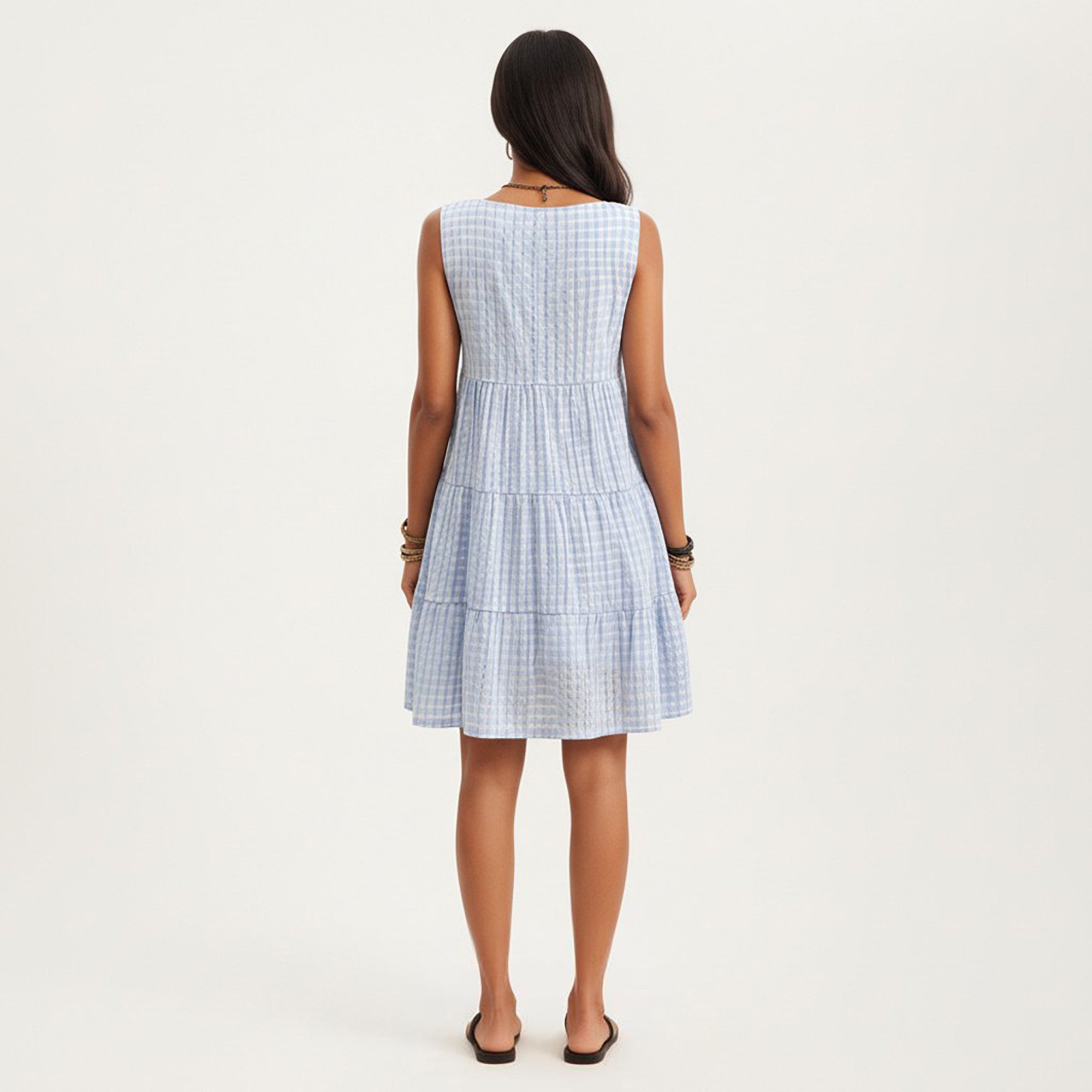 Anna-Kaci Women's Sleeveless Tiered Mini Dress with Textured Check Pattern Round Neck A-Line Silhouette