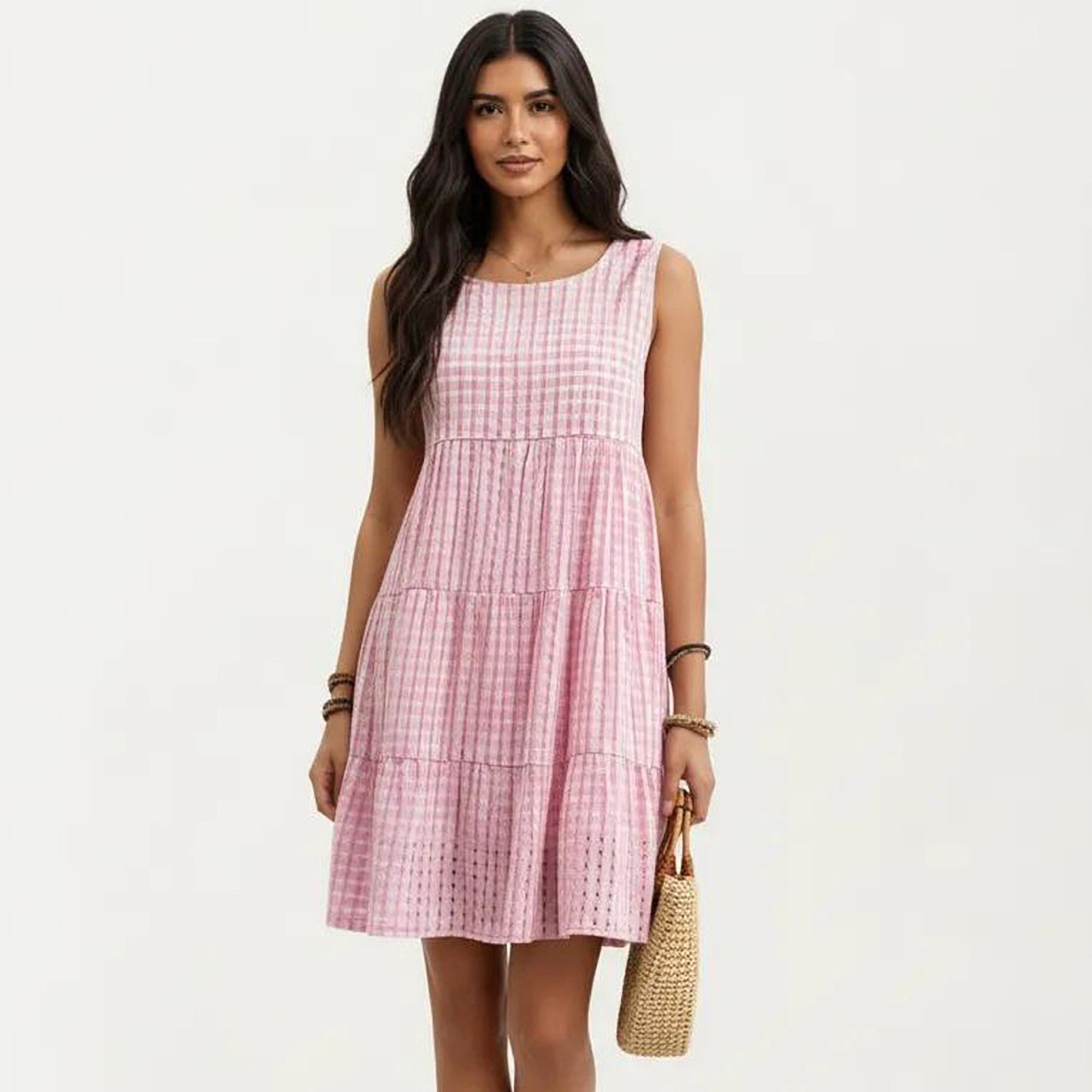 Anna-Kaci Women's Sleeveless Tiered Mini Dress with Textured Check Pattern Round Neck A-Line Silhouette