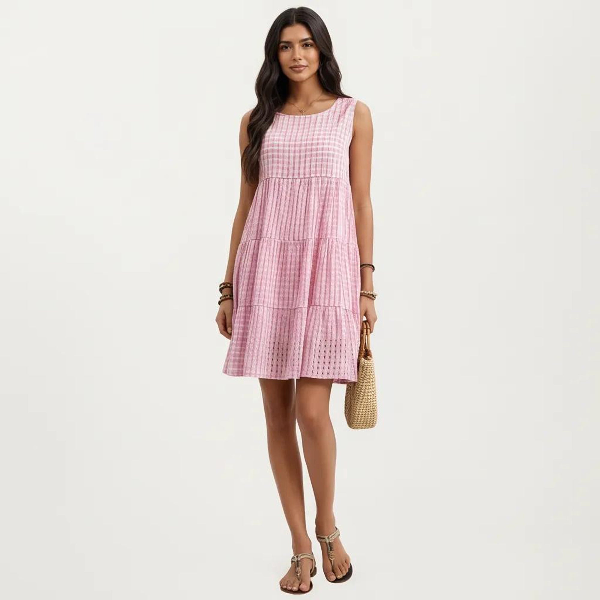 Anna-Kaci Women's Sleeveless Tiered Mini Dress with Textured Check Pattern Round Neck A-Line Silhouette