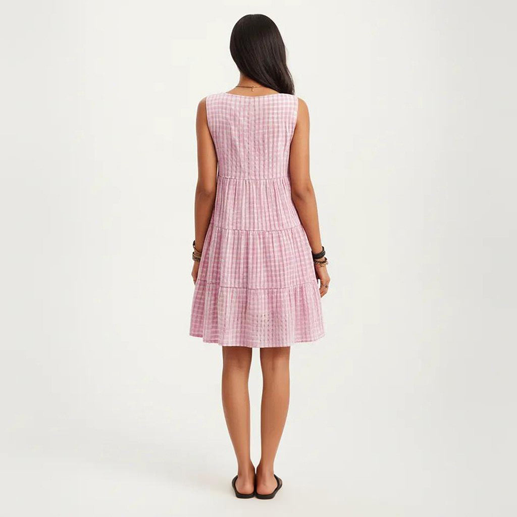 Anna-Kaci Women's Sleeveless Tiered Mini Dress with Textured Check Pattern Round Neck A-Line Silhouette