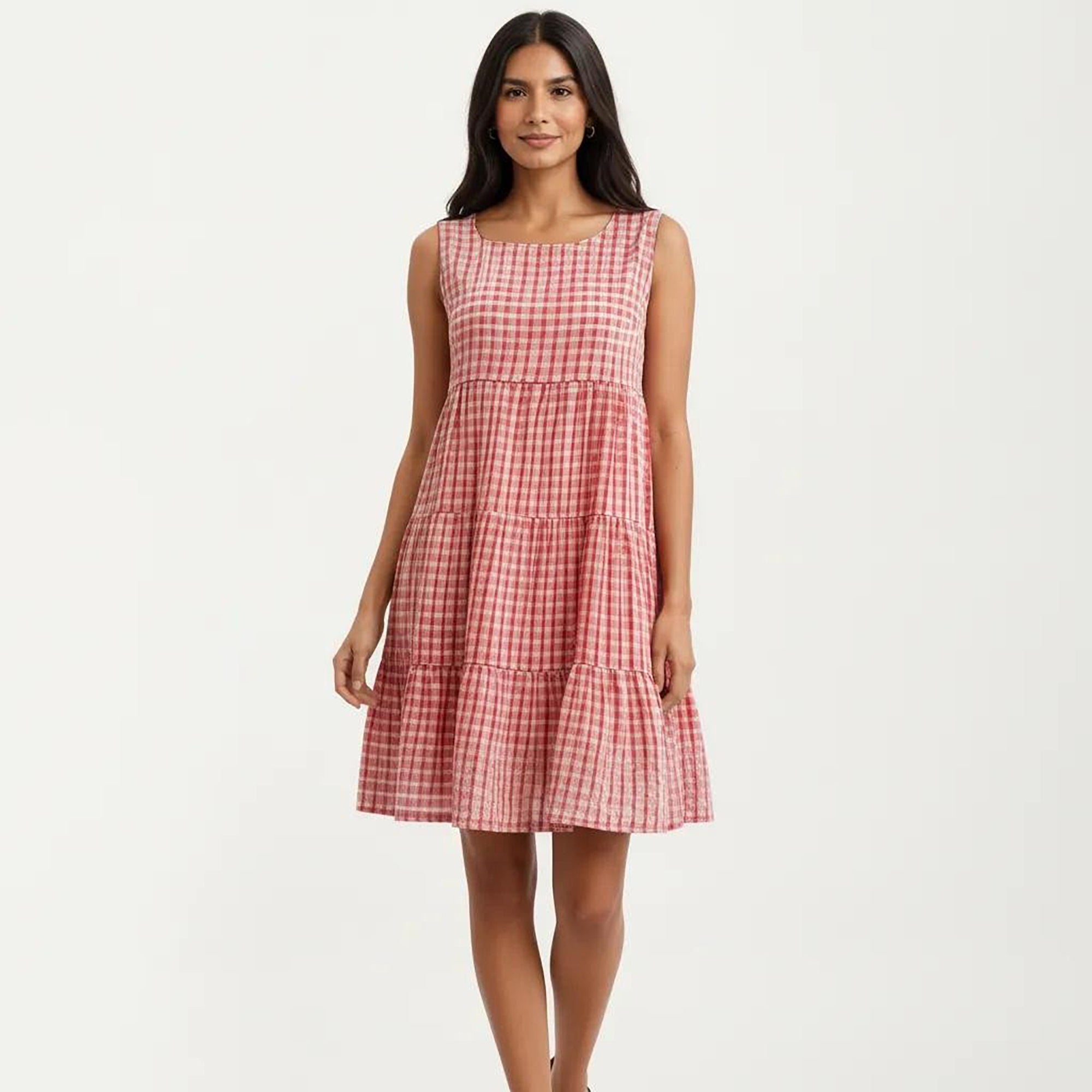 Anna-Kaci Women's Sleeveless Tiered Mini Dress with Textured Check Pattern Round Neck A-Line Silhouette