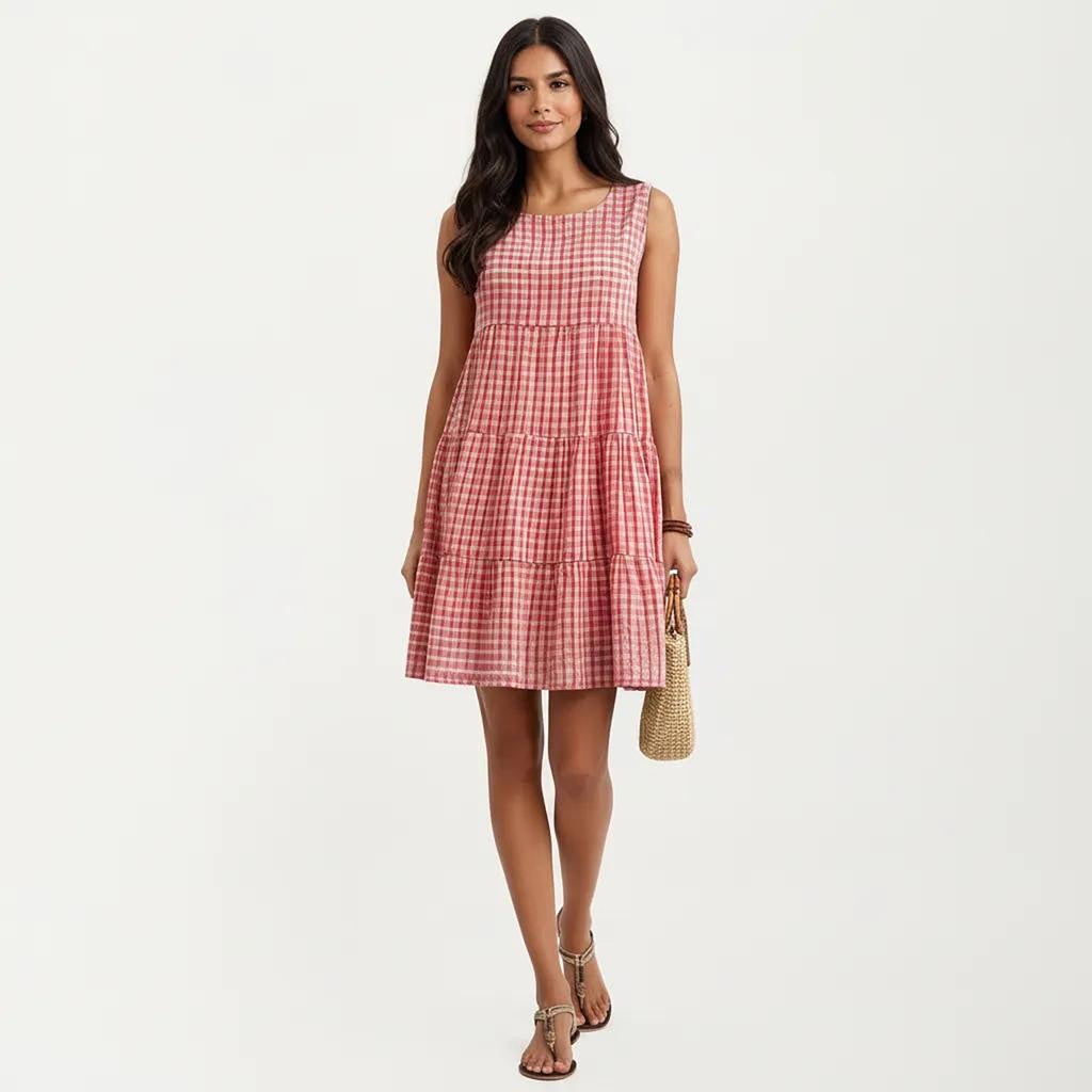Anna-Kaci Women's Sleeveless Tiered Mini Dress with Textured Check Pattern Round Neck A-Line Silhouette