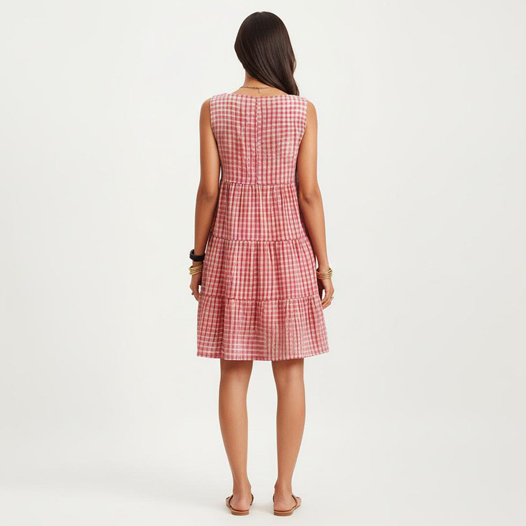 Anna-Kaci Women's Sleeveless Tiered Mini Dress with Textured Check Pattern Round Neck A-Line Silhouette