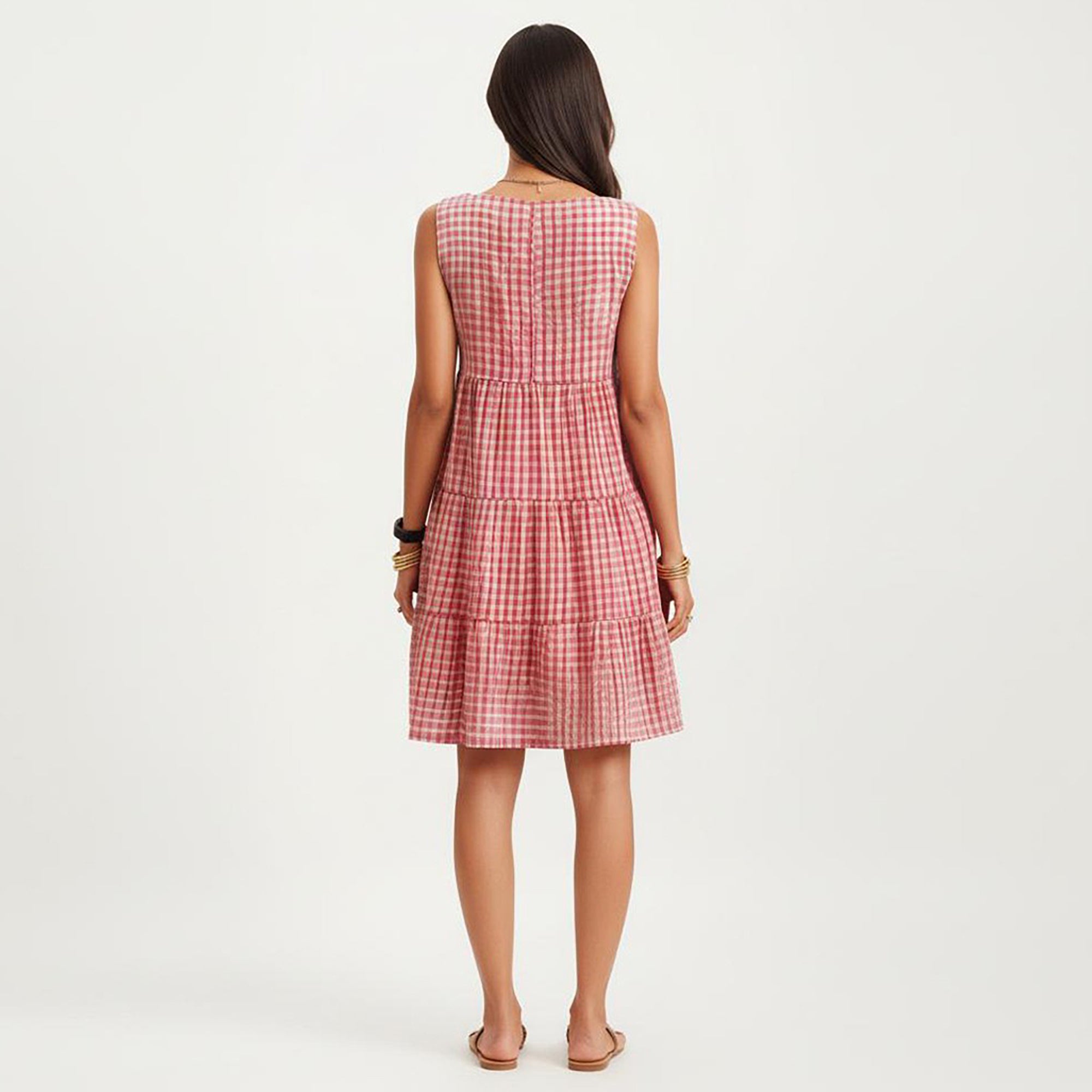 Anna-Kaci Women's Sleeveless Tiered Mini Dress with Textured Check Pattern Round Neck A-Line Silhouette