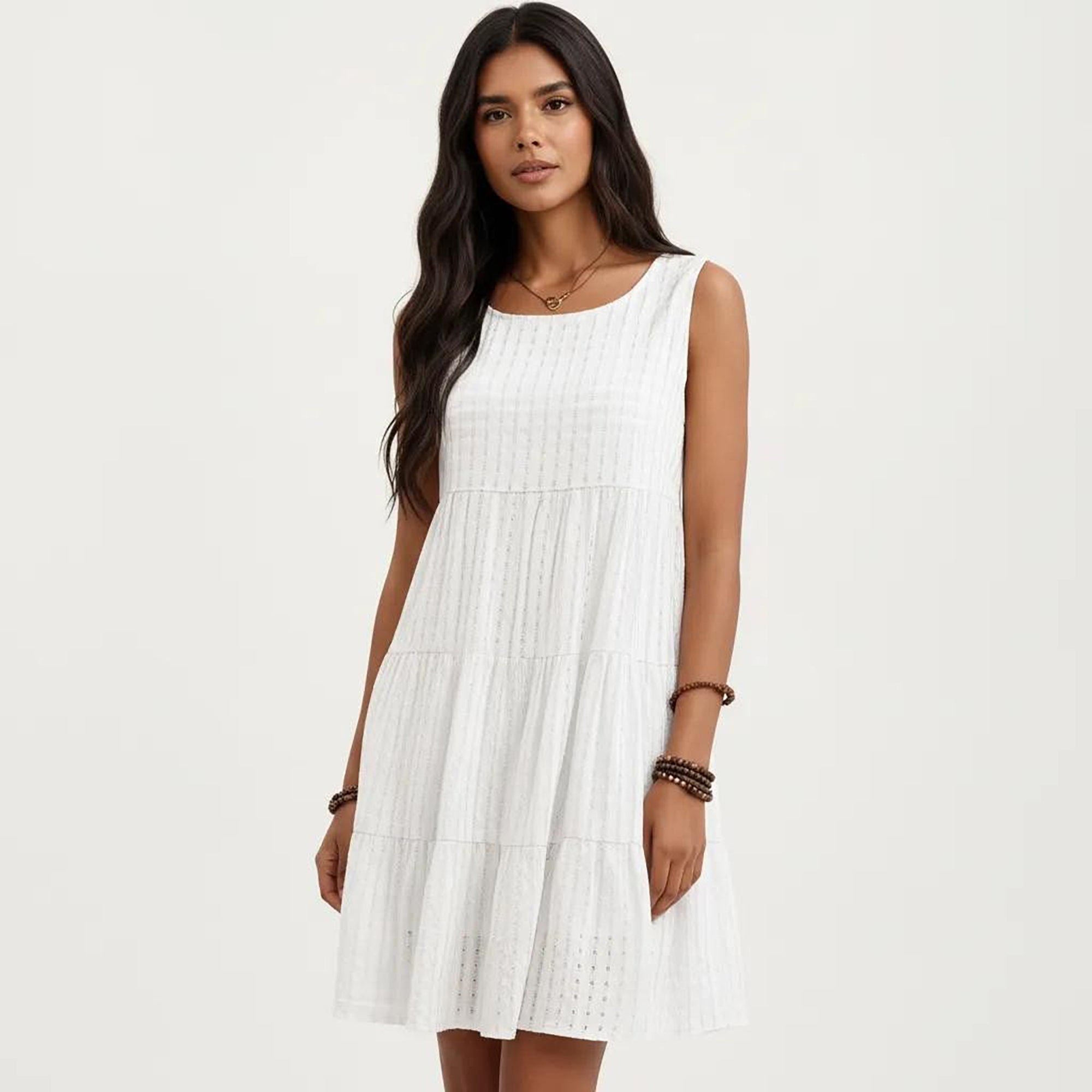 Anna-Kaci Women's Sleeveless Tiered Mini Dress with Textured Check Pattern Round Neck A-Line Silhouette