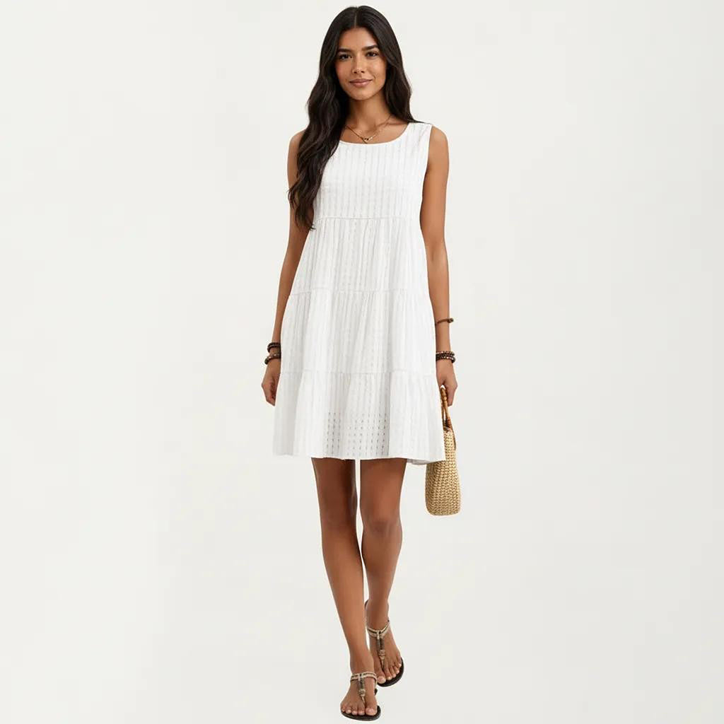 Anna-Kaci Women's Sleeveless Tiered Mini Dress with Textured Check Pattern Round Neck A-Line Silhouette