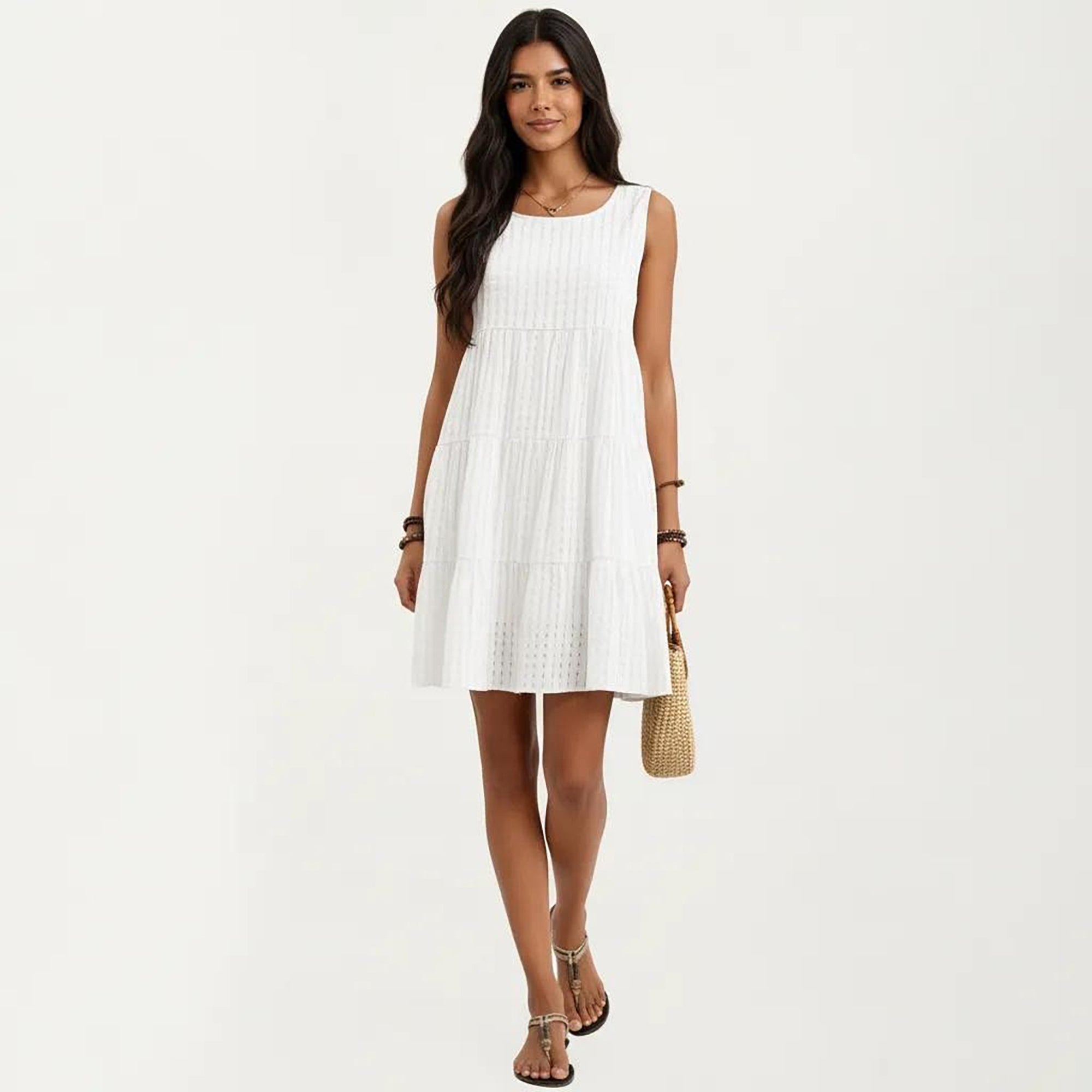 Anna-Kaci Women's Sleeveless Tiered Mini Dress with Textured Check Pattern Round Neck A-Line Silhouette