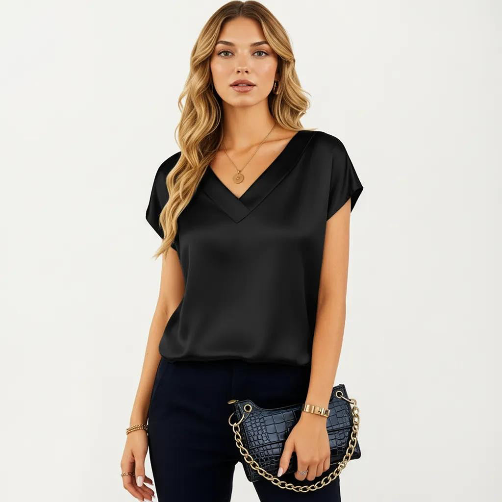 Anna-Kaci Women's Short Sleeve Satin Blouse with V Neck Smooth Silky Fabric Draped Lightweight Elegant Top