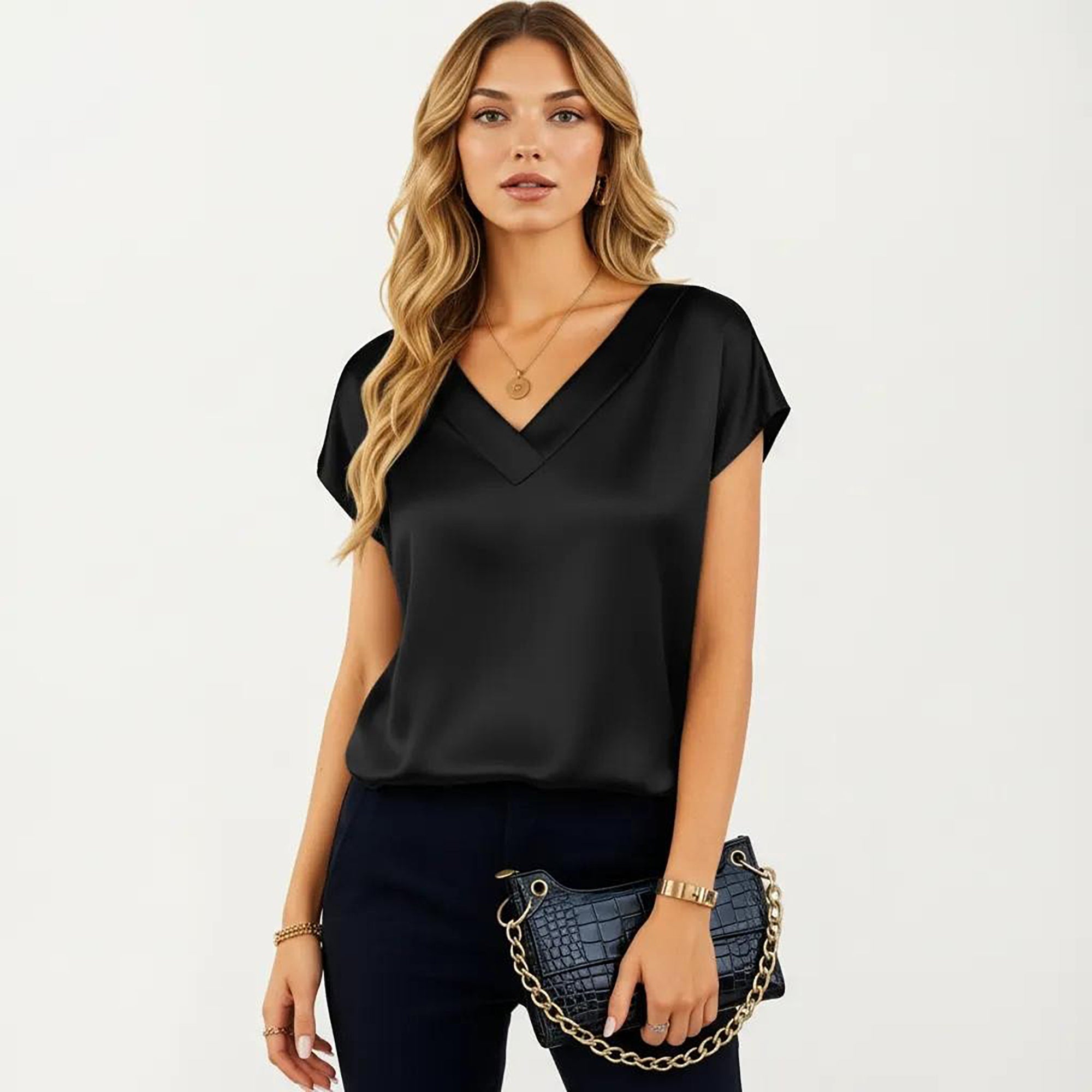 Anna-Kaci Women's Short Sleeve Satin Blouse with V Neck Smooth Silky Fabric Draped Lightweight Elegant Top