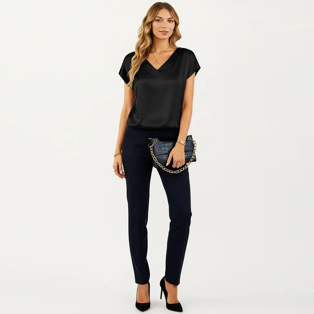 Anna-Kaci Women's Short Sleeve Satin Blouse with V Neck Smooth Silky Fabric Draped Lightweight Elegant Top