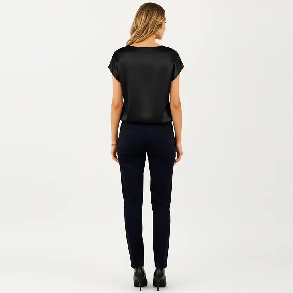 Anna-Kaci Women's Short Sleeve Satin Blouse with V Neck Smooth Silky Fabric Draped Lightweight Elegant Top