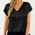 Anna-Kaci Women's Short Sleeve Satin Blouse with V Neck Smooth Silky Fabric Draped Lightweight Elegant Top