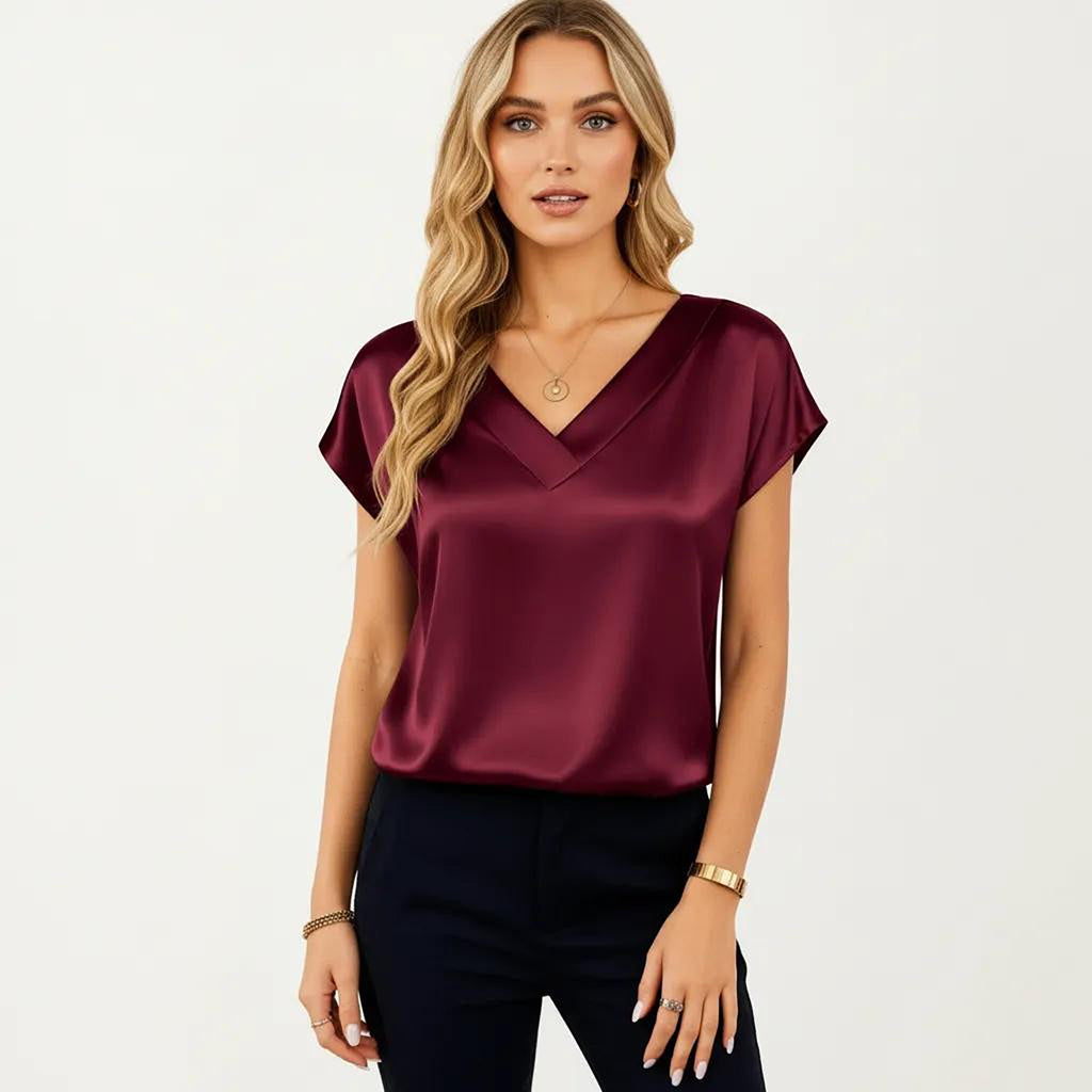 Anna-Kaci Women's Short Sleeve Satin Blouse with V Neck Smooth Silky Fabric Draped Lightweight Elegant Top