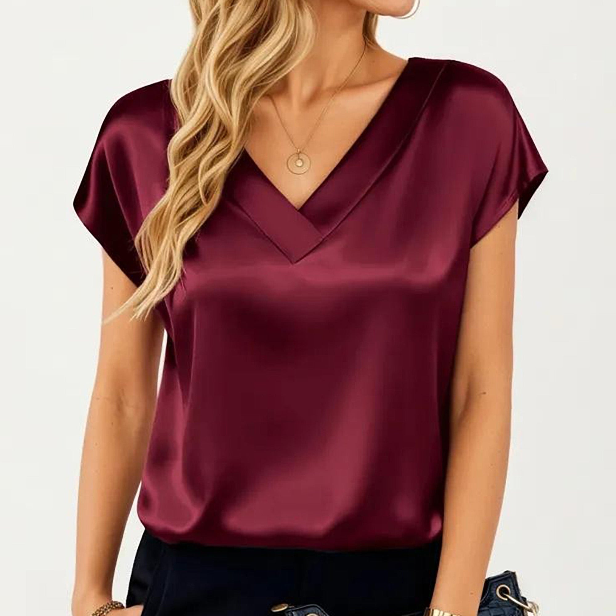 Anna-Kaci Women's Short Sleeve Satin Blouse with V Neck Smooth Silky Fabric Draped Lightweight Elegant Top