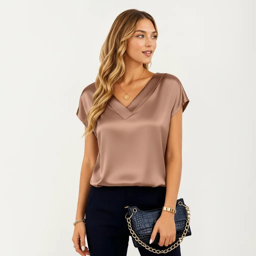 Anna-Kaci Women's Short Sleeve Satin Blouse with V Neck Smooth Silky Fabric Draped Lightweight Elegant Top