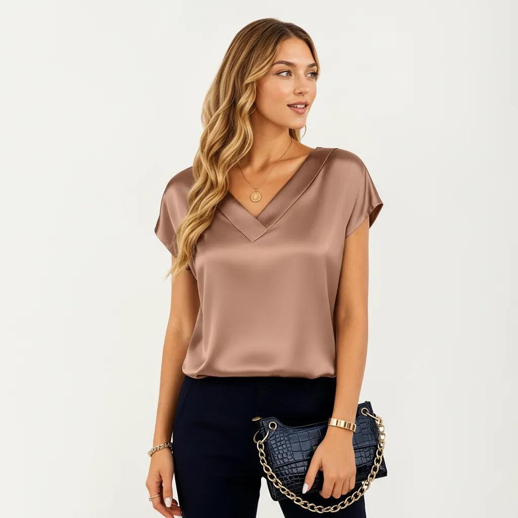 Anna-Kaci Women's Short Sleeve Satin Blouse with V Neck Smooth Silky Fabric Draped Lightweight Elegant Top