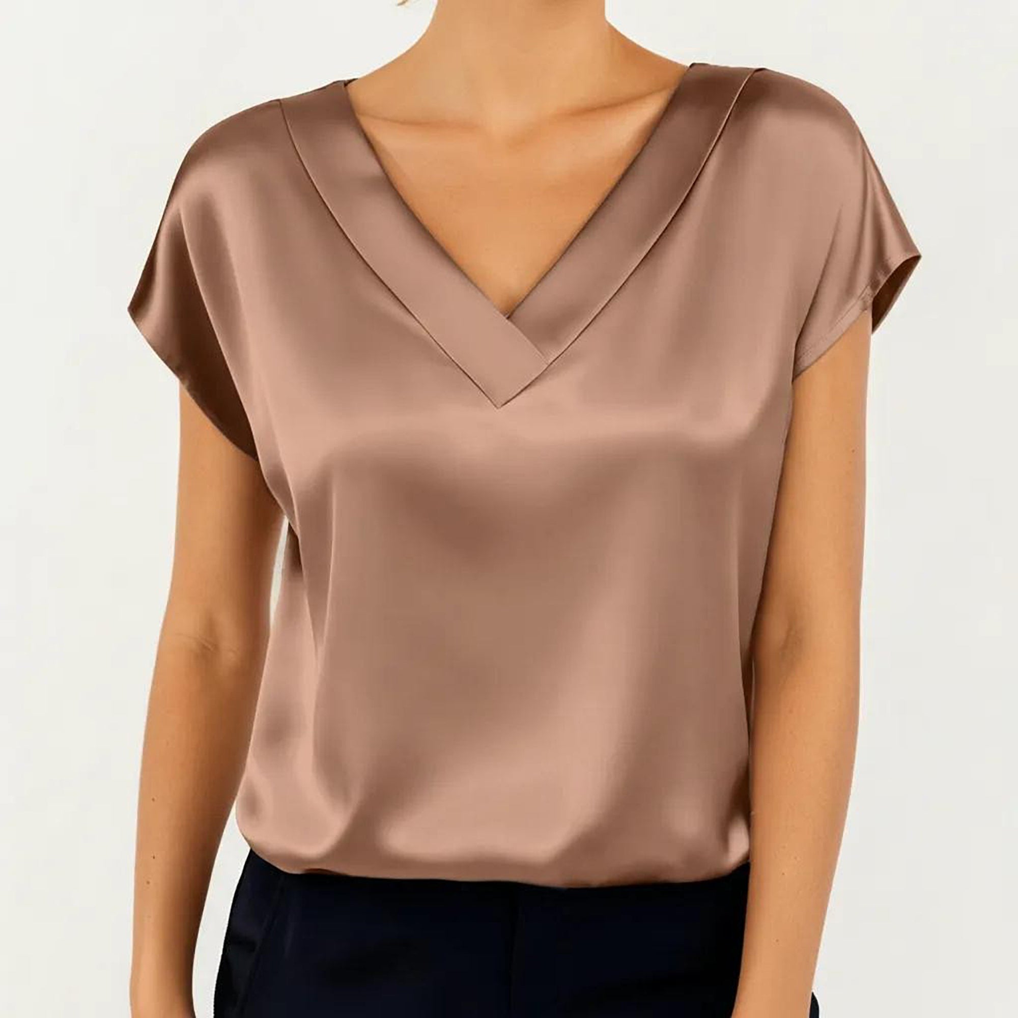 Anna-Kaci Women's Short Sleeve Satin Blouse with V Neck Smooth Silky Fabric Draped Lightweight Elegant Top