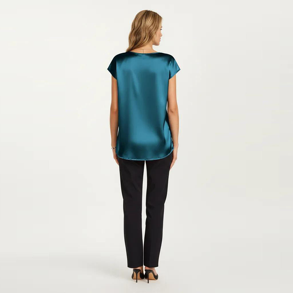 Anna-Kaci Women's Short Sleeve Satin Blouse with V Neck Smooth Silky Fabric Draped Lightweight Elegant Top