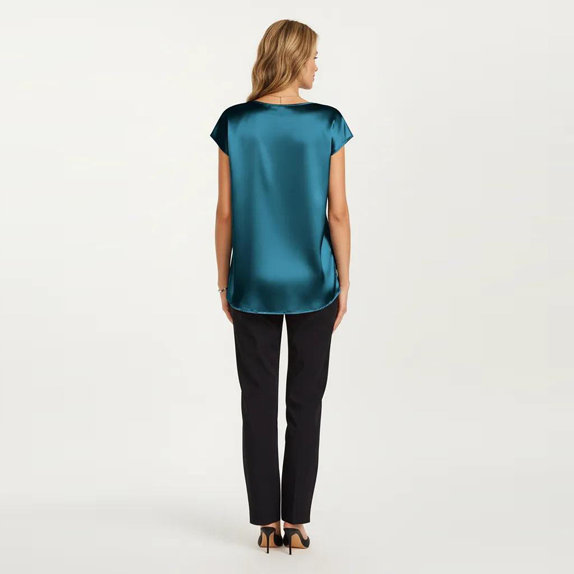 Anna-Kaci Women's Short Sleeve Satin Blouse with V Neck Smooth Silky Fabric Draped Lightweight Elegant Top