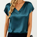 Anna-Kaci Women's Short Sleeve Satin Blouse with V Neck Smooth Silky Fabric Draped Lightweight Elegant Top
