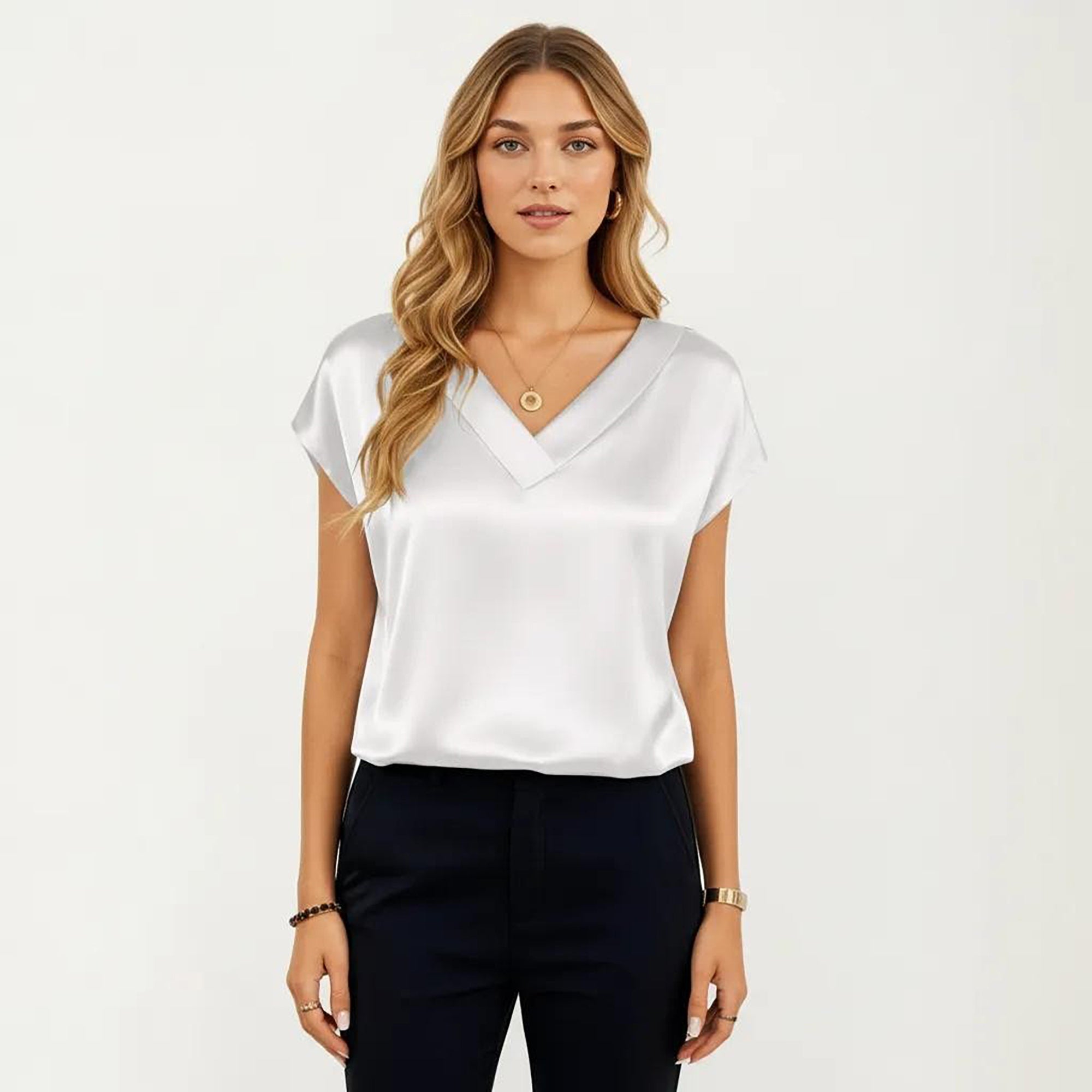 Anna-Kaci Women's Short Sleeve Satin Blouse with V Neck Smooth Silky Fabric Draped Lightweight Elegant Top