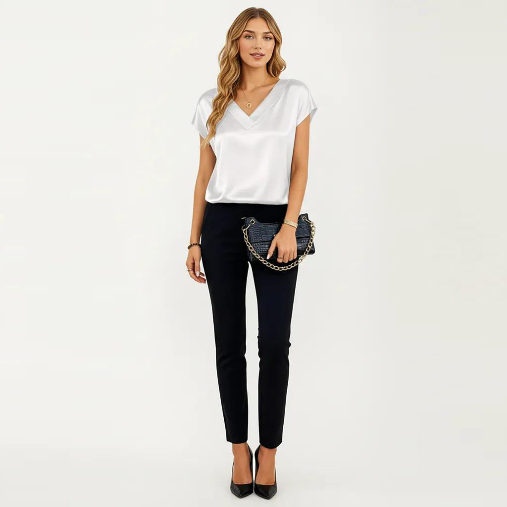 Anna-Kaci Women's Short Sleeve Satin Blouse with V Neck Smooth Silky Fabric Draped Lightweight Elegant Top