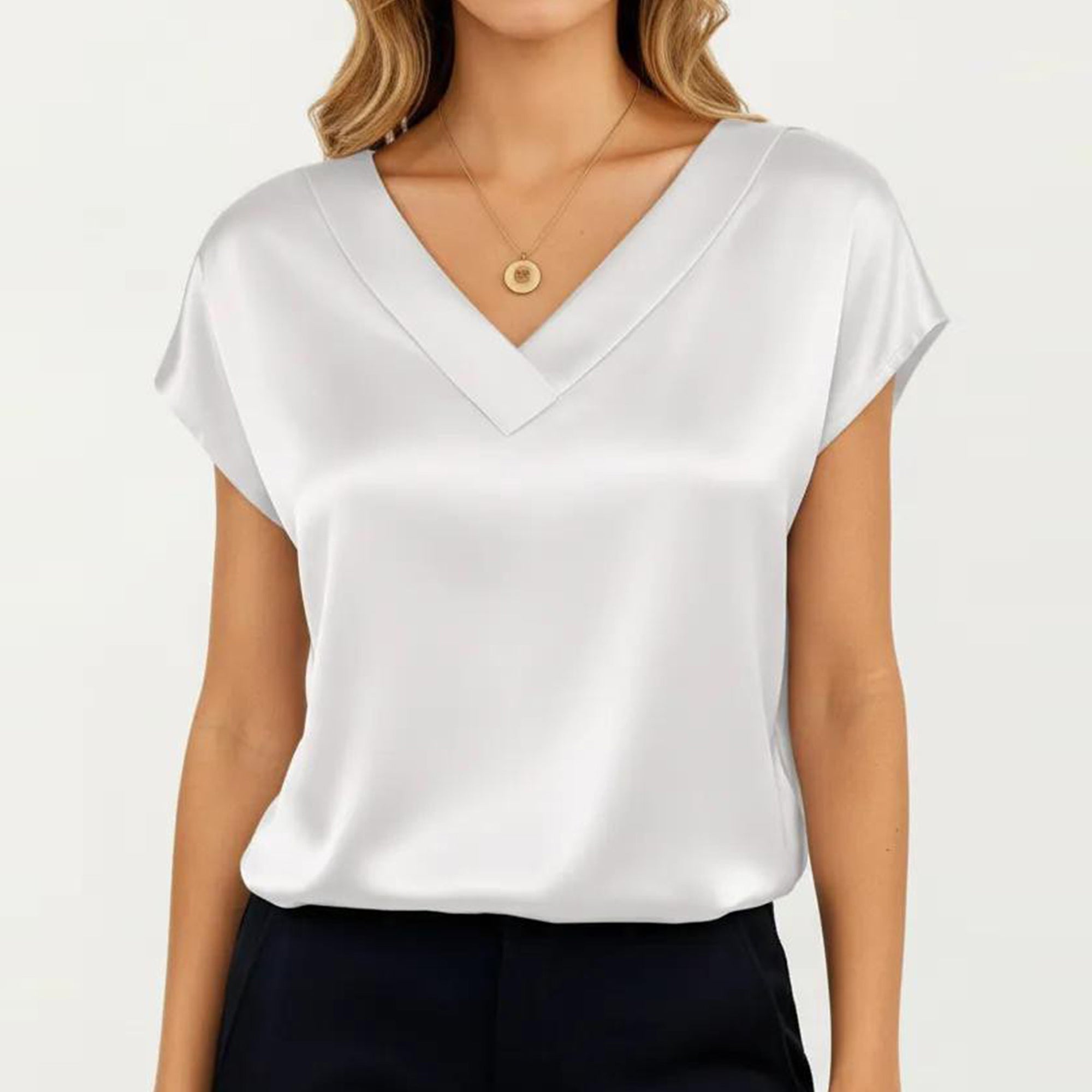 Anna-Kaci Women's Short Sleeve Satin Blouse with V Neck Smooth Silky Fabric Draped Lightweight Elegant Top