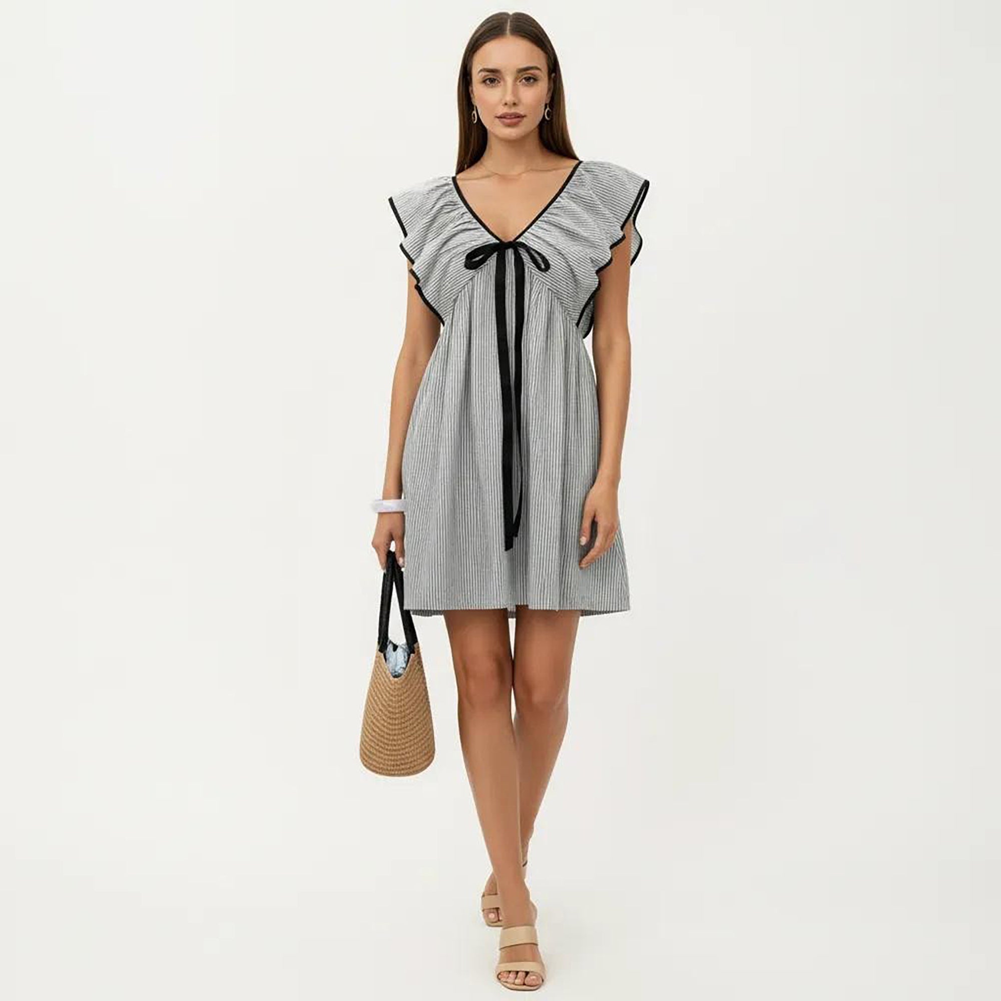 Anna-Kaci Women's Short Sleeve Mini Dress with Stripe Pattern V Neck Ruffle Sleeves Front Tie Detail