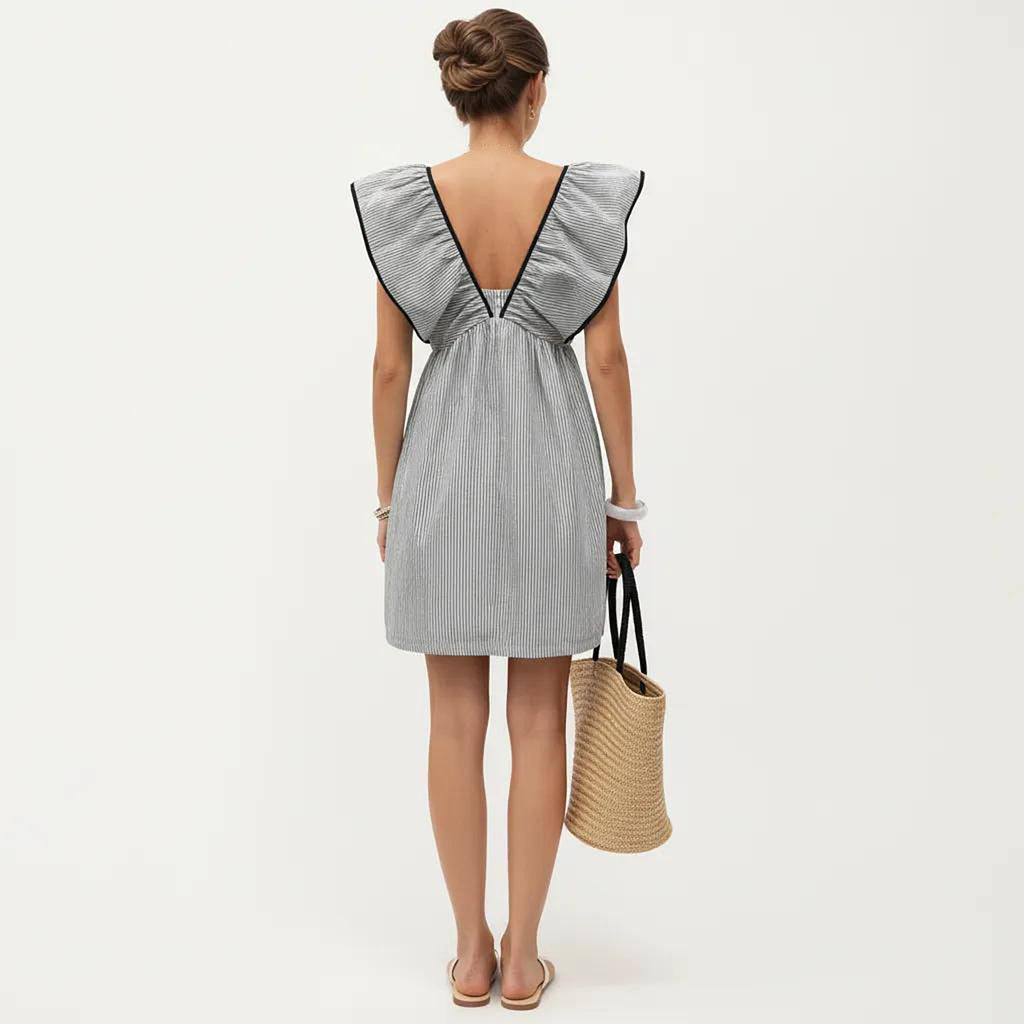 Anna-Kaci Women's Short Sleeve Mini Dress with Stripe Pattern V Neck Ruffle Sleeves Front Tie Detail