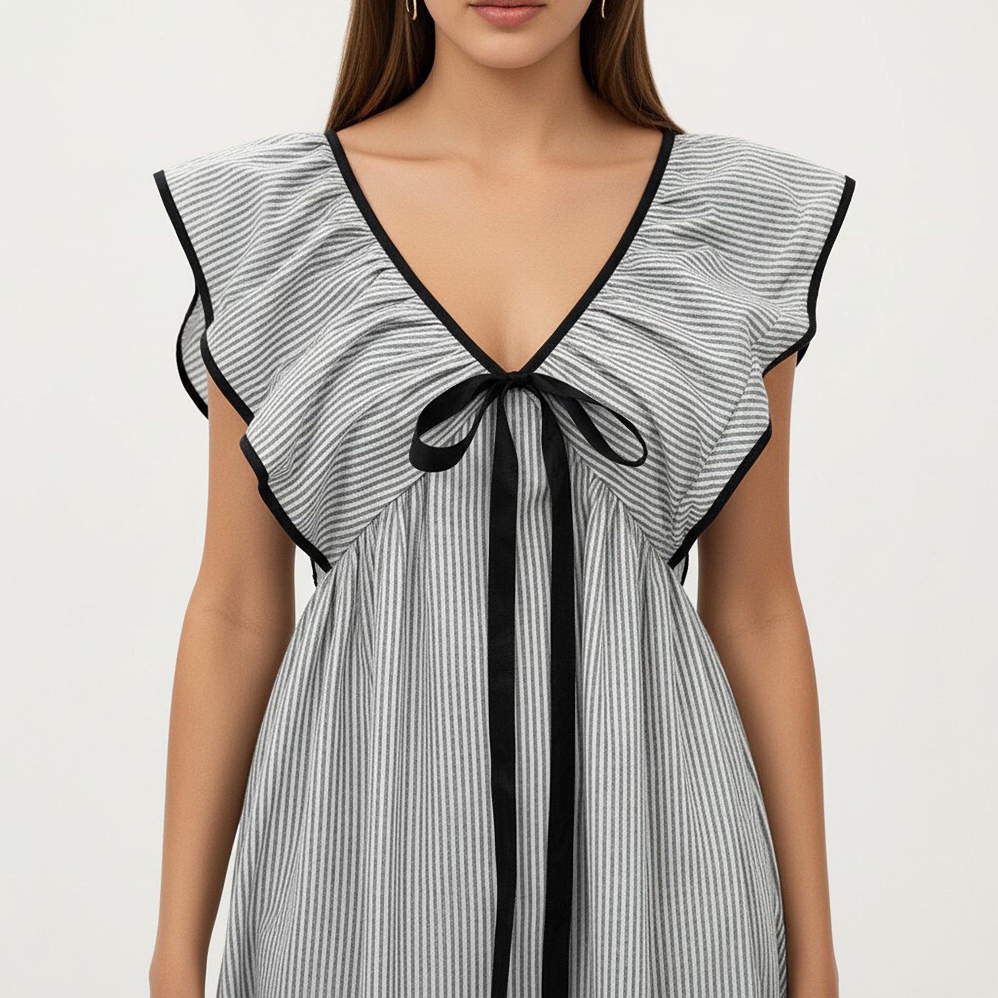 Anna-Kaci Women's Short Sleeve Mini Dress with Stripe Pattern V Neck Ruffle Sleeves Front Tie Detail