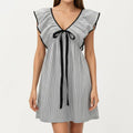Anna-Kaci Women's Short Sleeve Mini Dress with Stripe Pattern V Neck Ruffle Sleeves Front Tie Detail