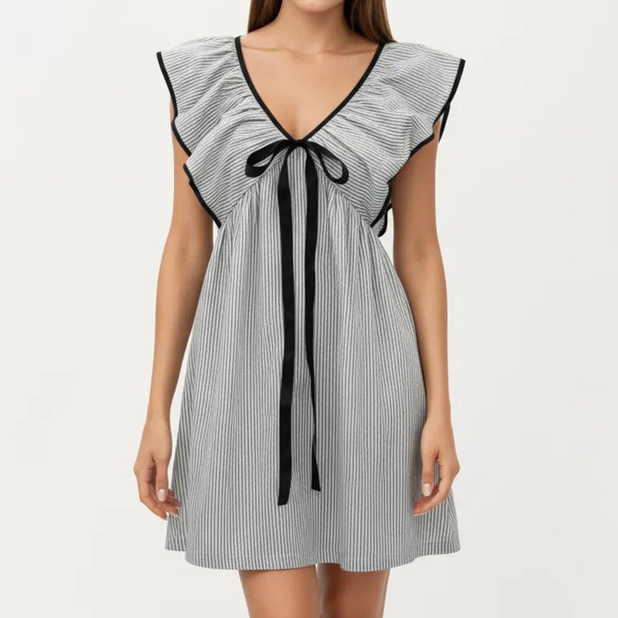 Anna-Kaci Women's Short Sleeve Mini Dress with Stripe Pattern V Neck Ruffle Sleeves Front Tie Detail
